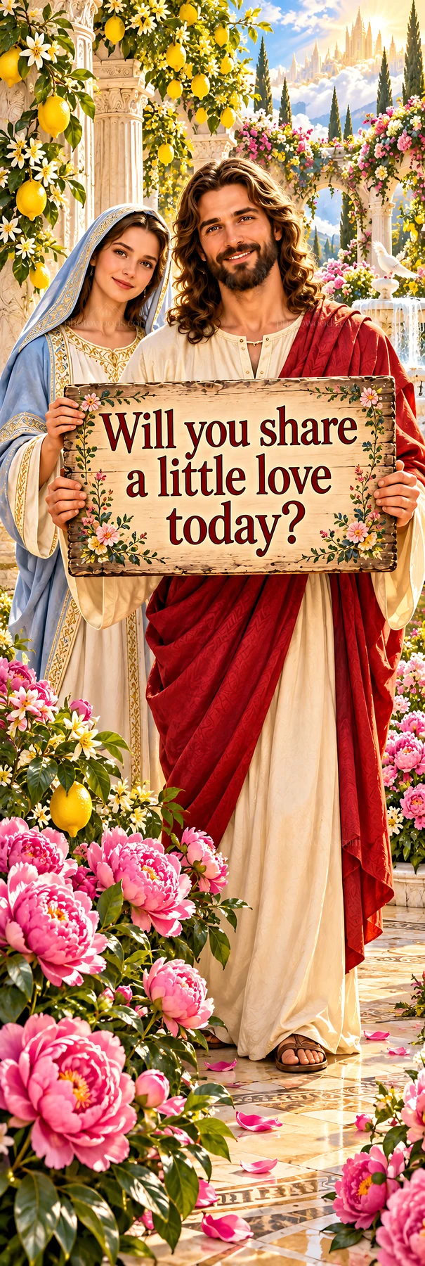 Jesus Christ inviting love sharing in a garden scene - AI-generated stock image