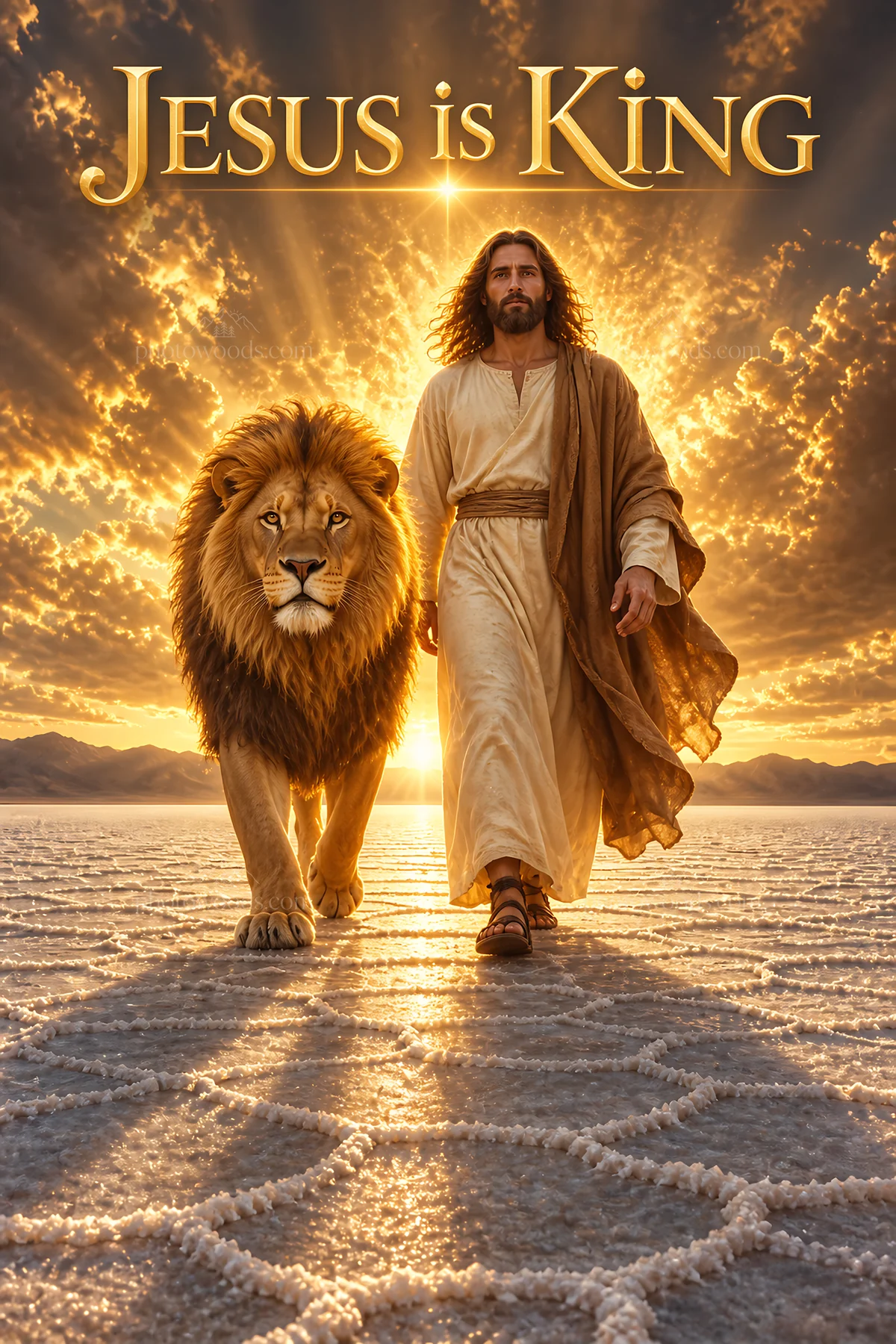Jesus Christ walking with a lion in a bright landscape - AI-generated stock image