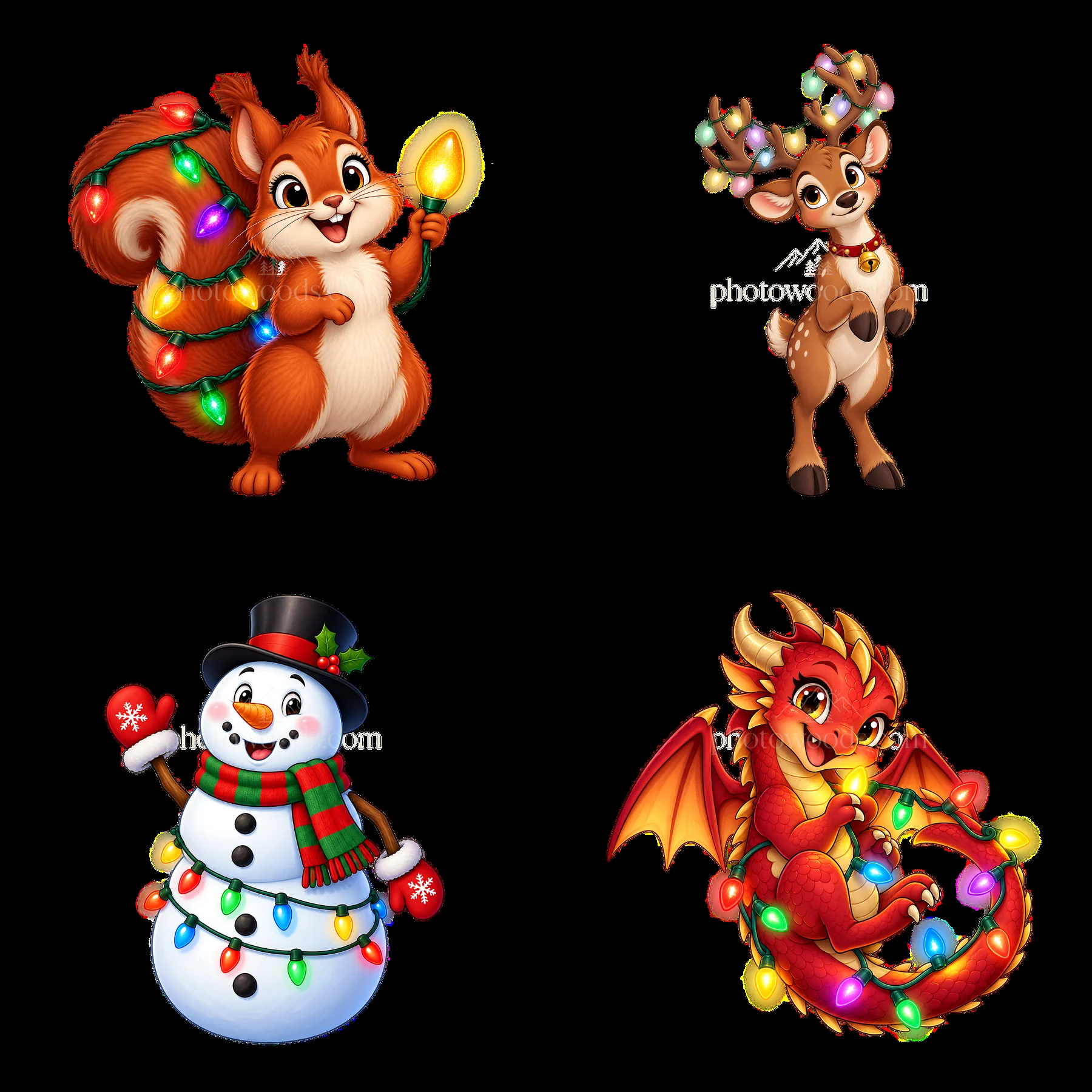 Squirrel, reindeer, snowman, and dragon with colorful string lights - AI-generated stock image