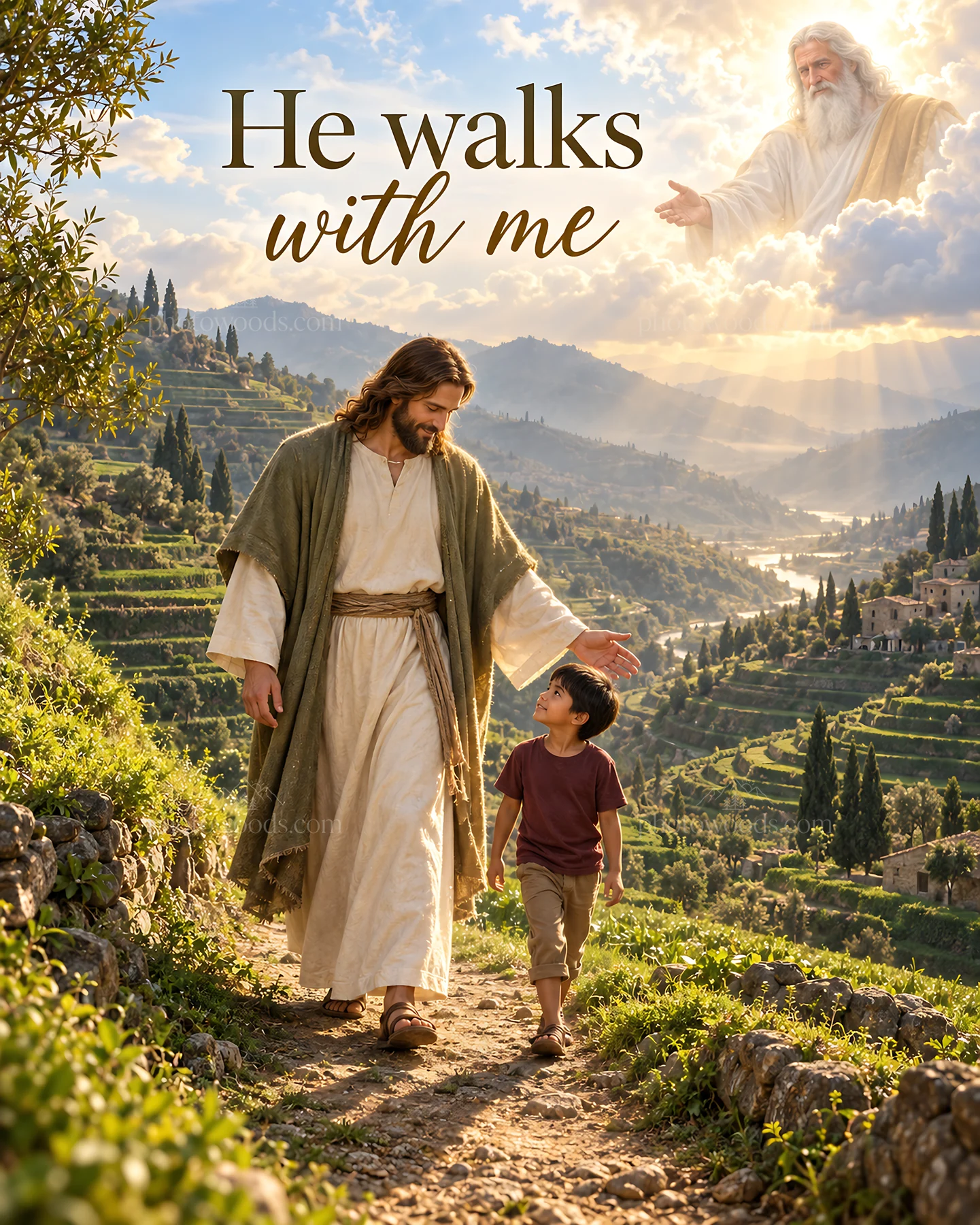 Jesus Christ walks with a child through rolling hills - AI-generated stock image