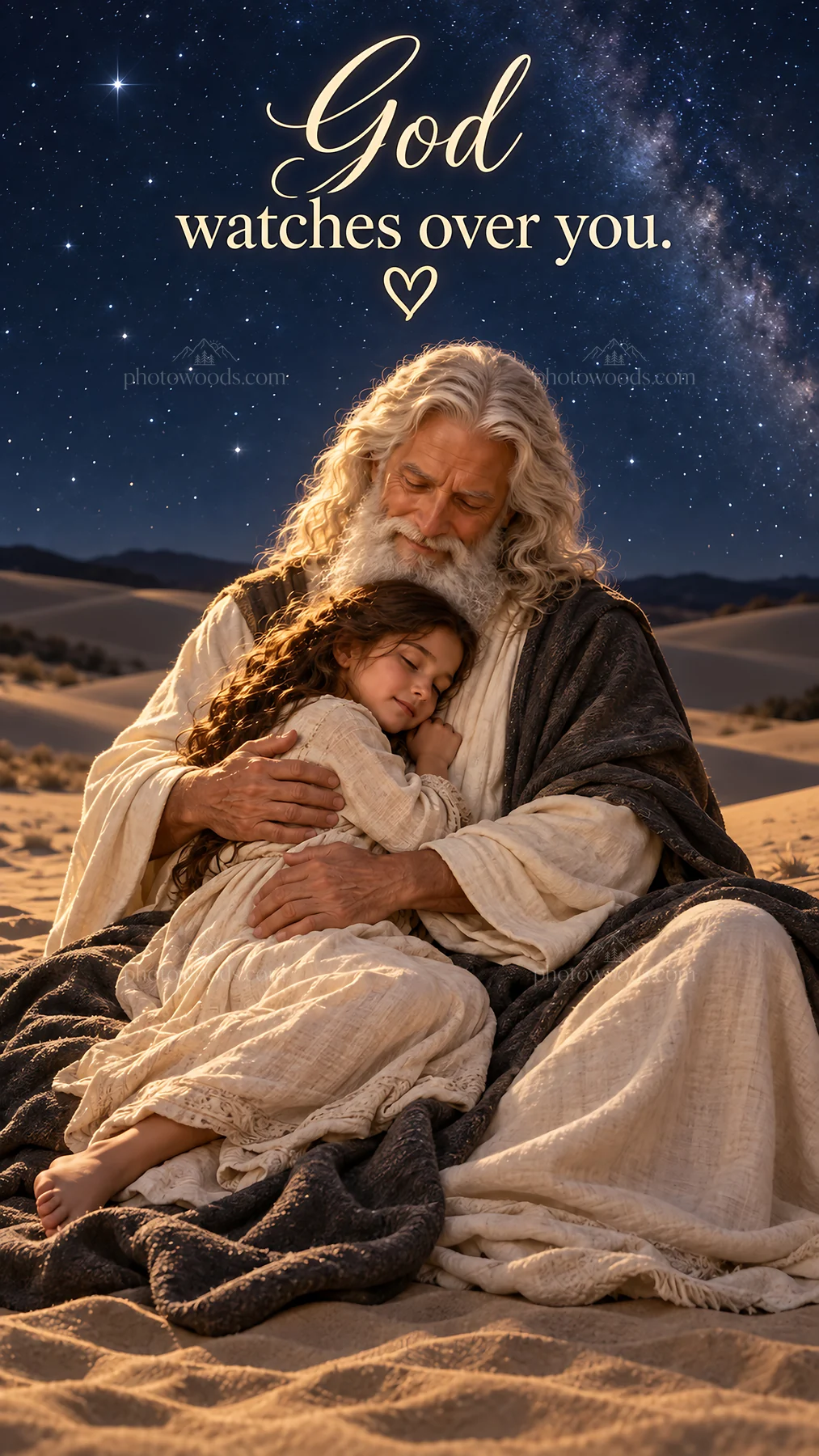 Jesus Christ comforts a child in a desert setting - AI-generated stock image