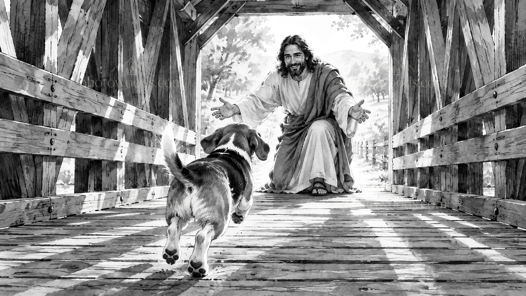 Jesus Christ welcoming a dog on a wooden bridge - AI-generated stock image