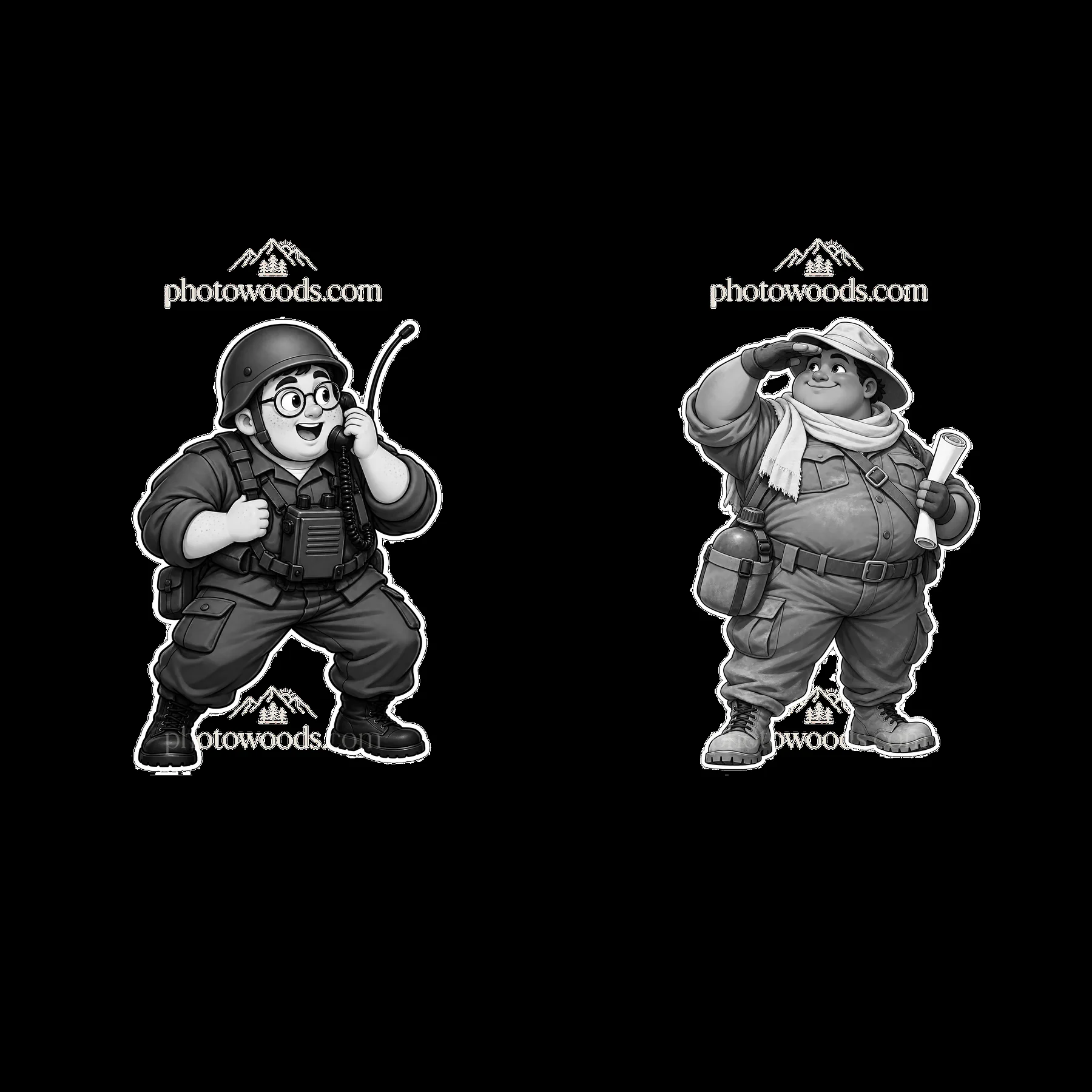 Cute ultra-chubby soldiers in playful poses with accessories - AI-generated stock image