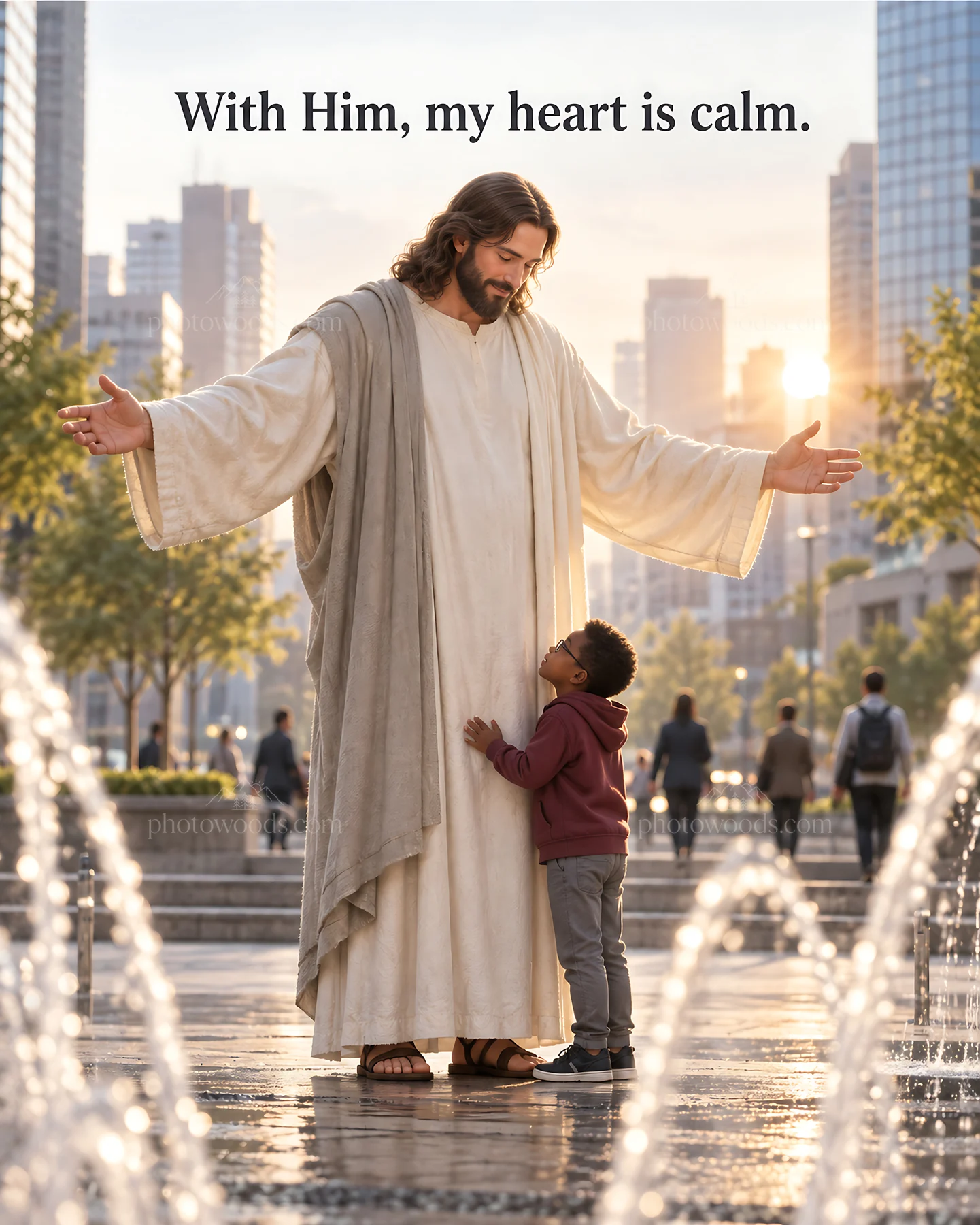 Jesus Christ welcomes a child in a contemporary city setting - AI-generated stock image