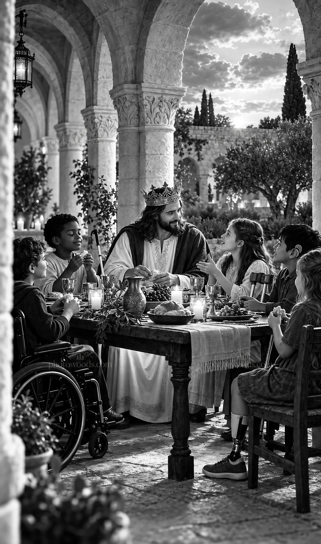 Jesus Christ sharing a meal with children in a garden setting - AI-generated stock image