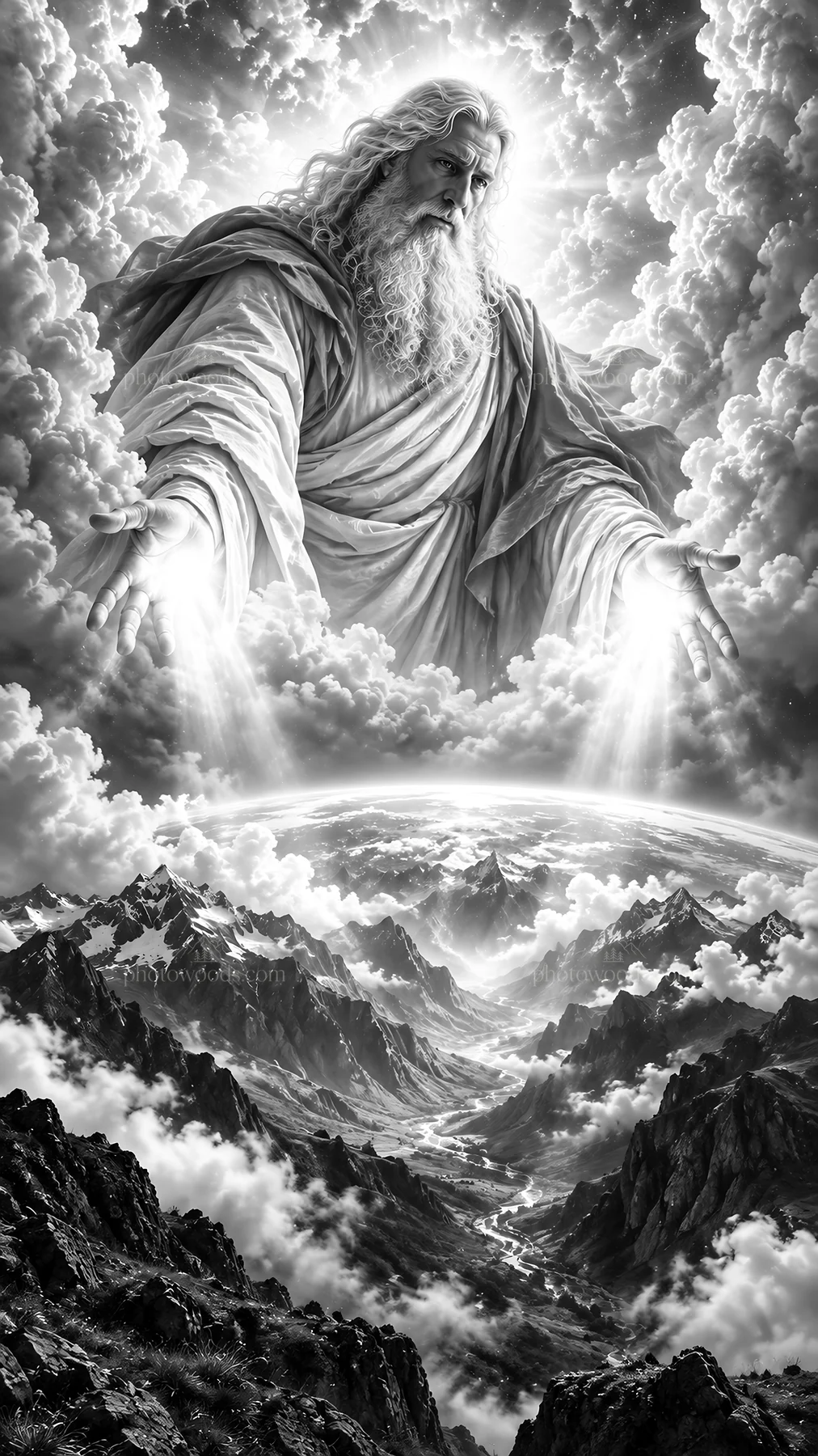 Jesus Christ reaching out in a heavenly scene - AI-generated stock image