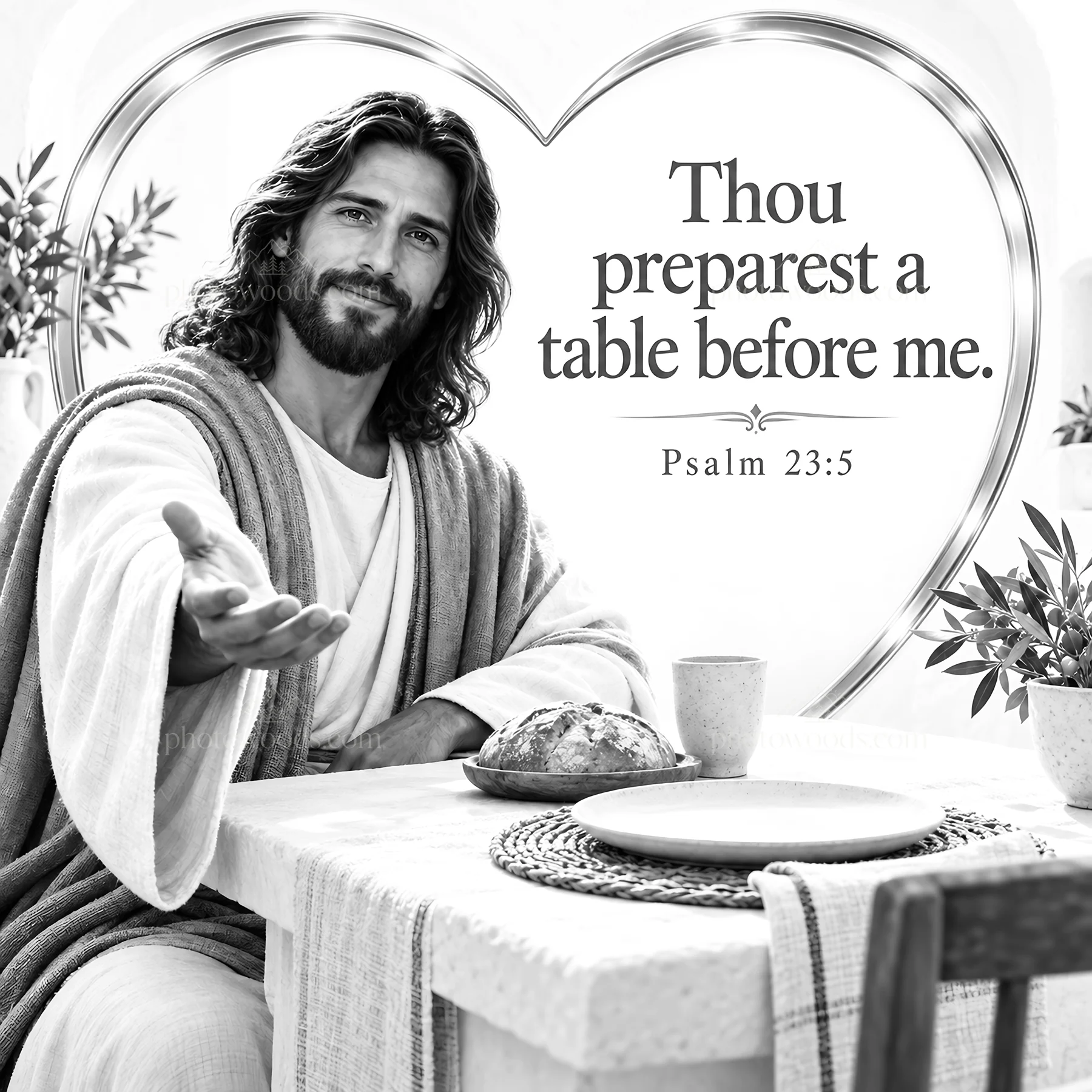 Jesus Christ sharing a meal and inviting to the table - AI-generated stock image