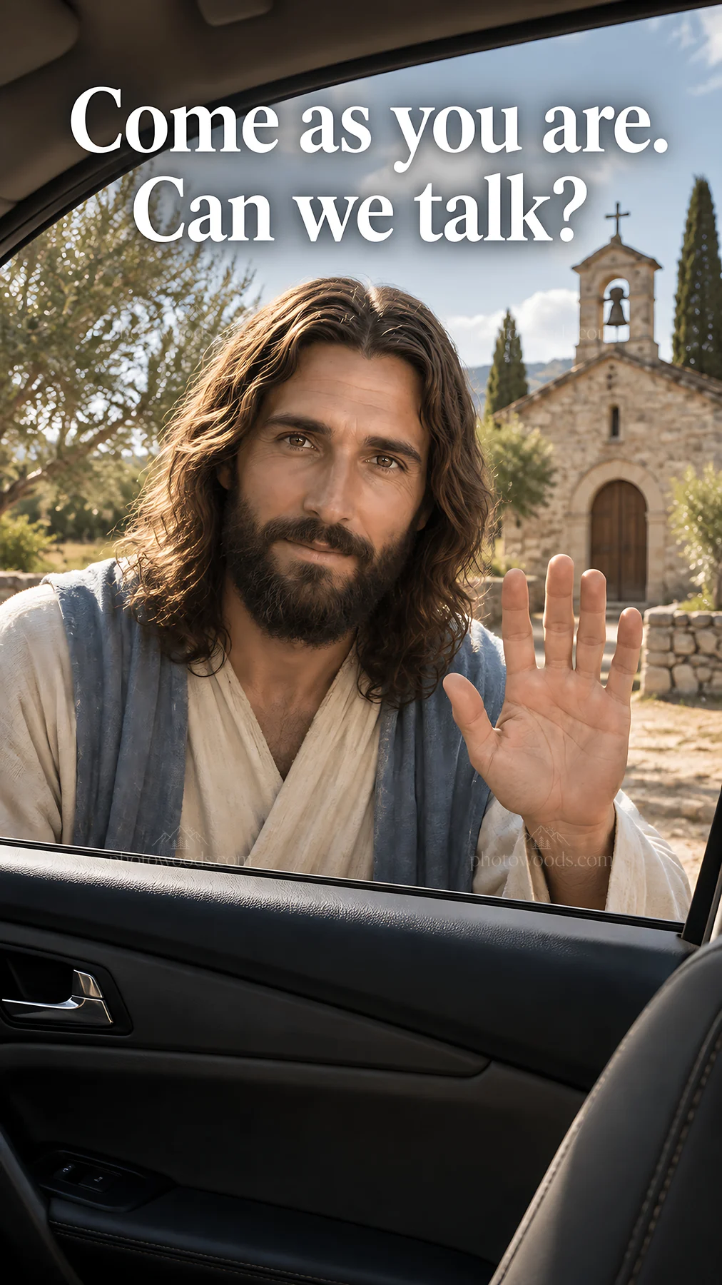 Jesus Christ inviting conversation in a modern setting - AI-generated stock image