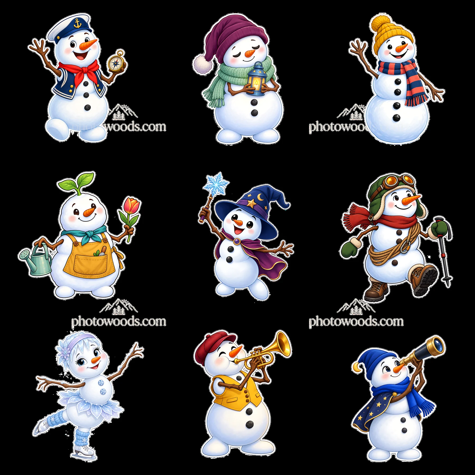 Snowmen in various outfits and activities in a grid layout - AI-generated stock image