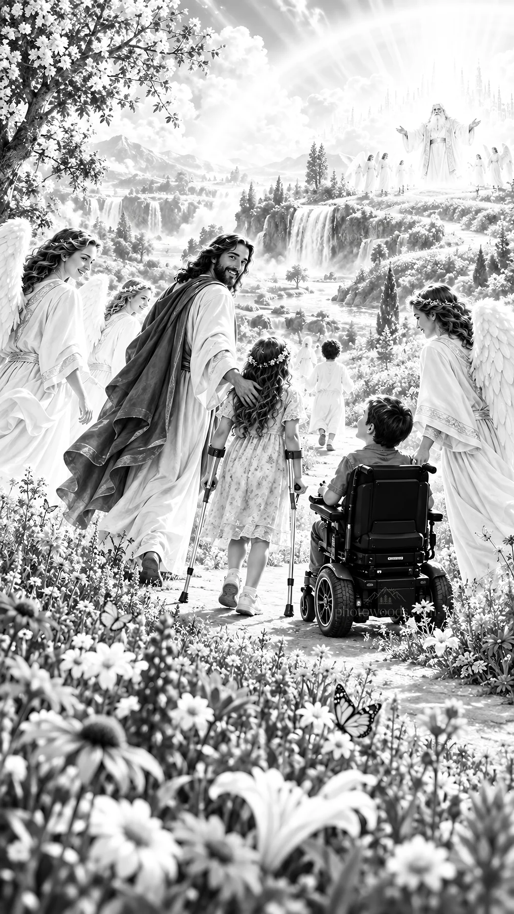Jesus Christ walking with children towards a heavenly scene - AI-generated stock image