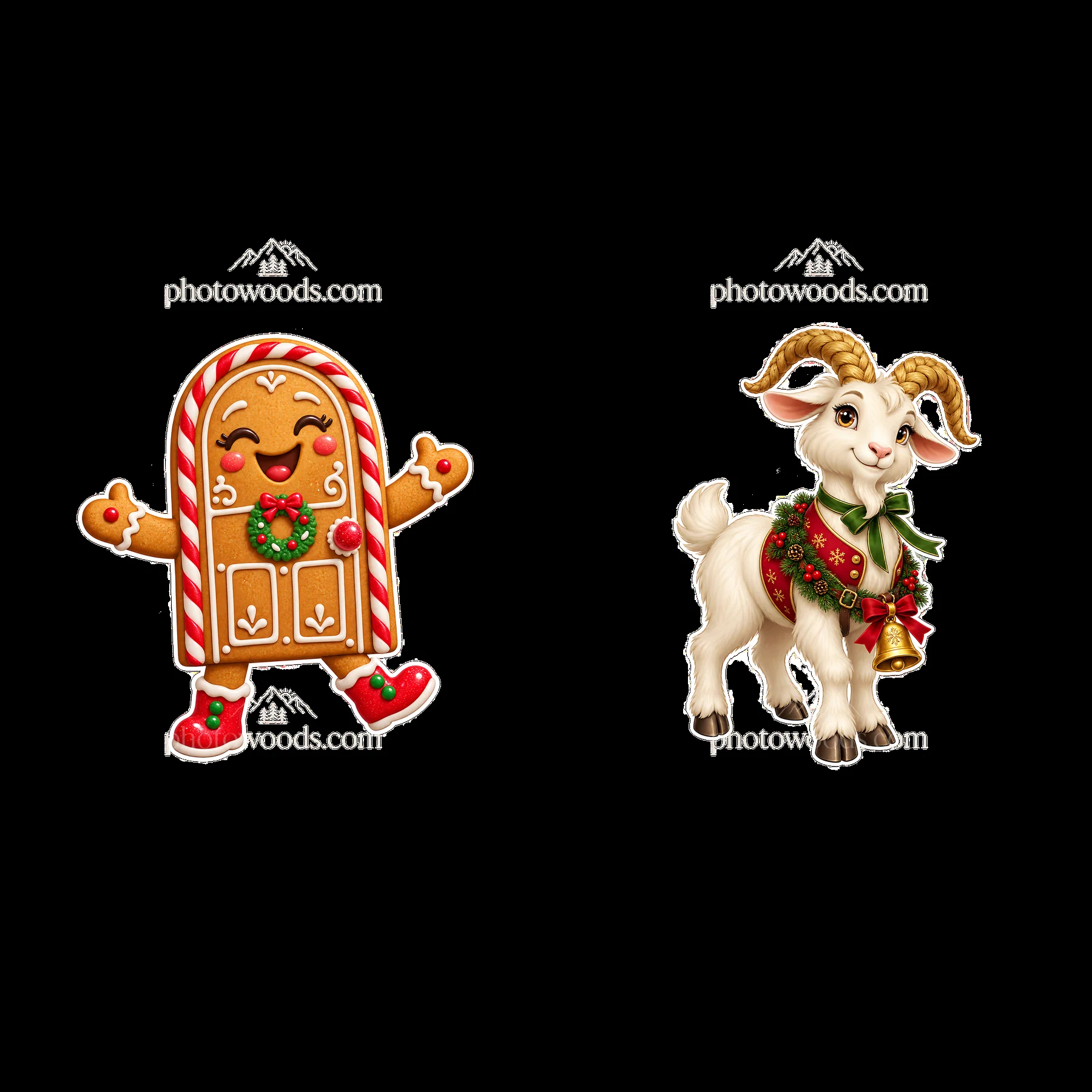 Gingerbread door and festive goat character for Christmas - AI-generated stock image