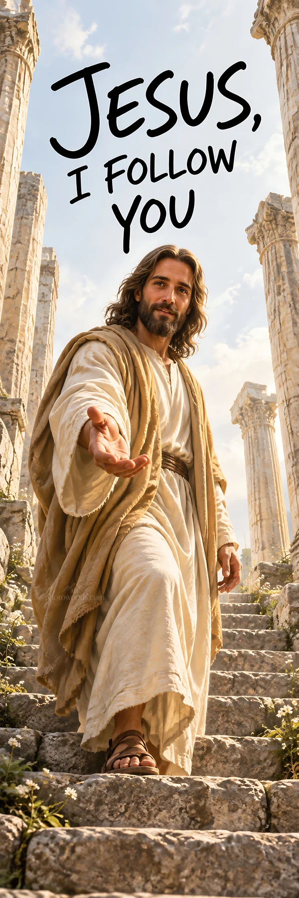 Jesus Christ walking down steps inviting followers - AI-generated stock image