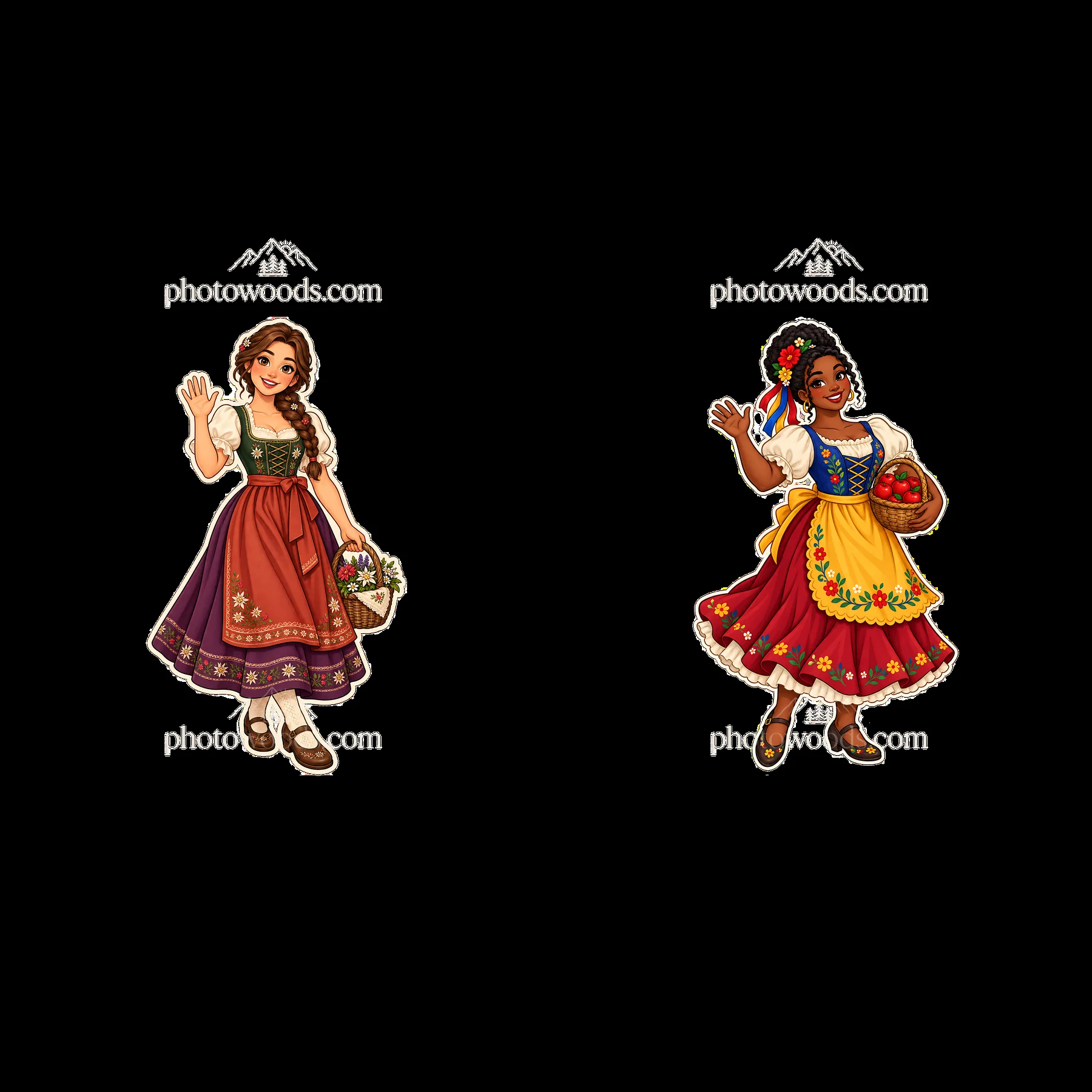 Women in traditional folk dress waving with baskets - AI-generated stock image