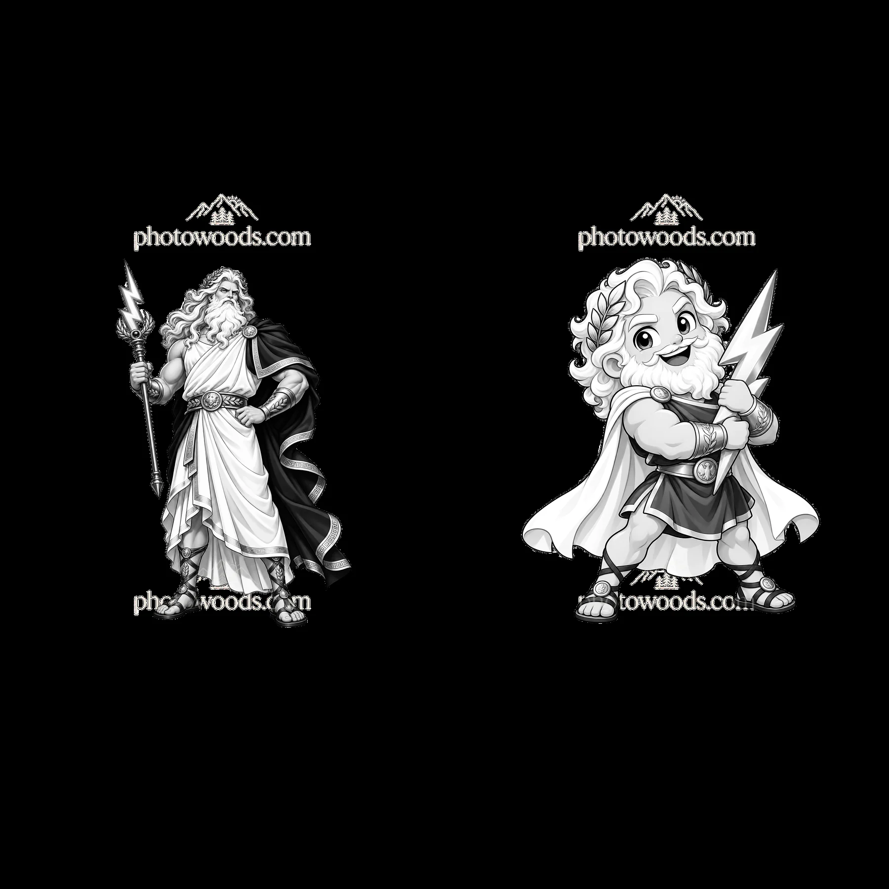 Zeus character stickers in black and white monochrome design - AI-generated stock image