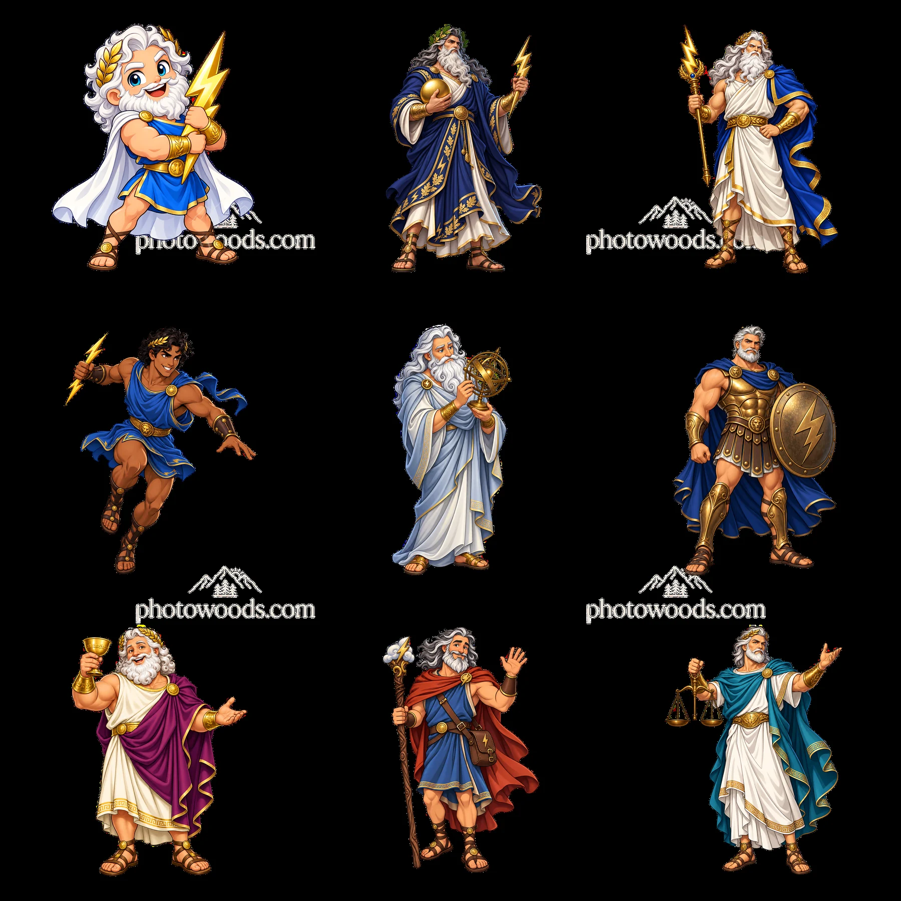 Zeus cartoon stickers showcasing different poses and symbols - AI-generated stock image
