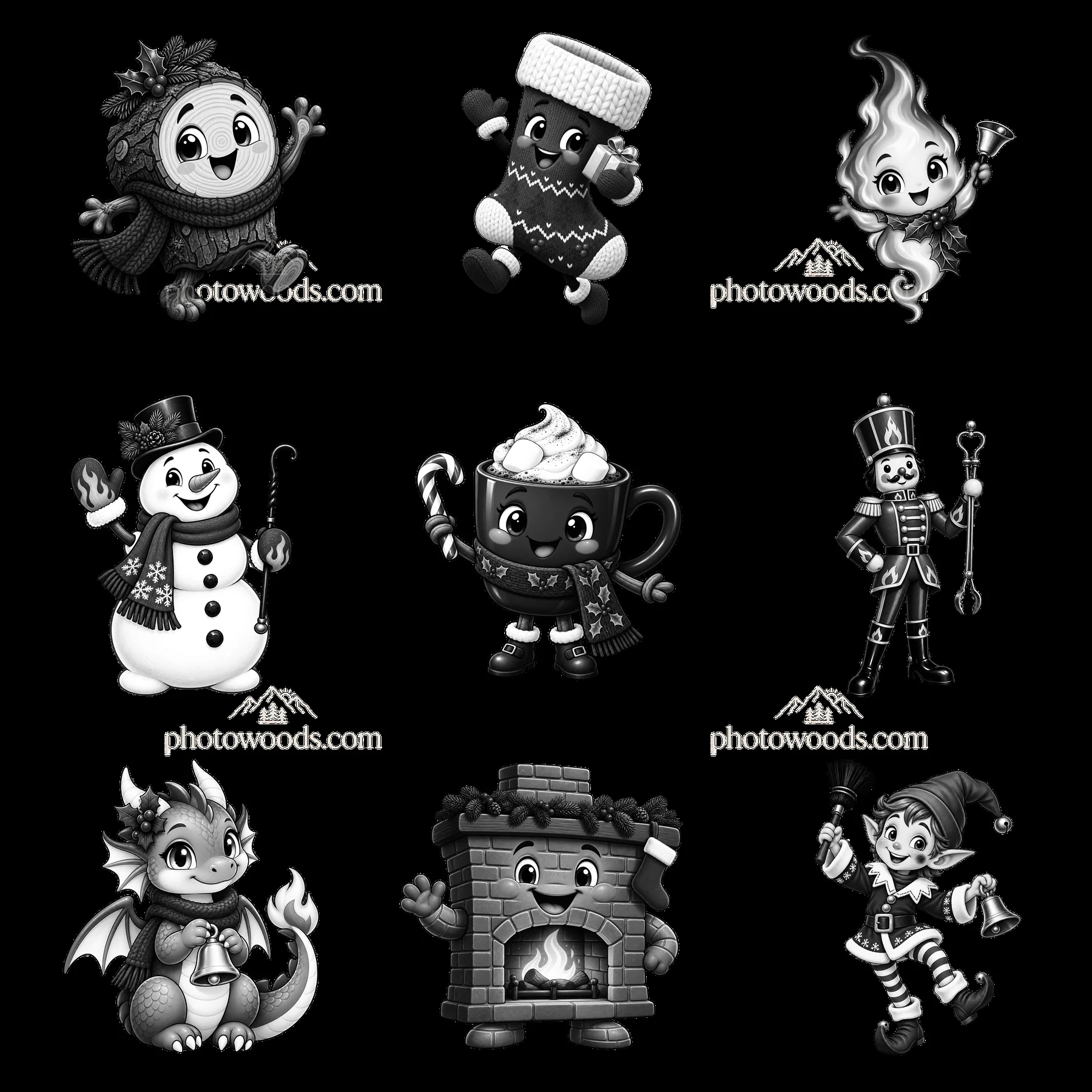Monochrome nine cartoon figure stickers in a square arrangement - AI-generated stock image