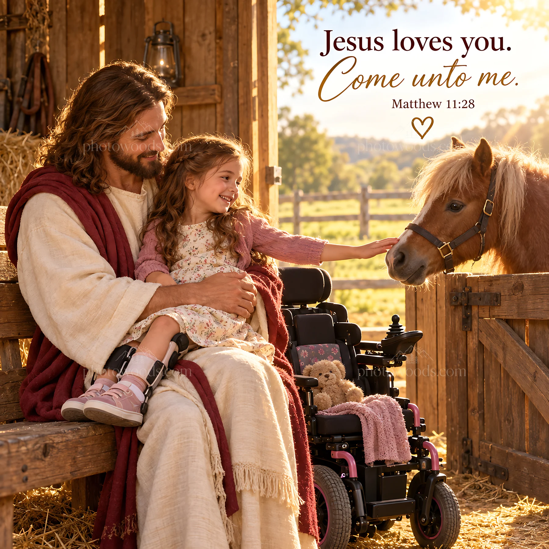 Jesus Christ sharing love with a child in a stable setting - AI-generated stock image