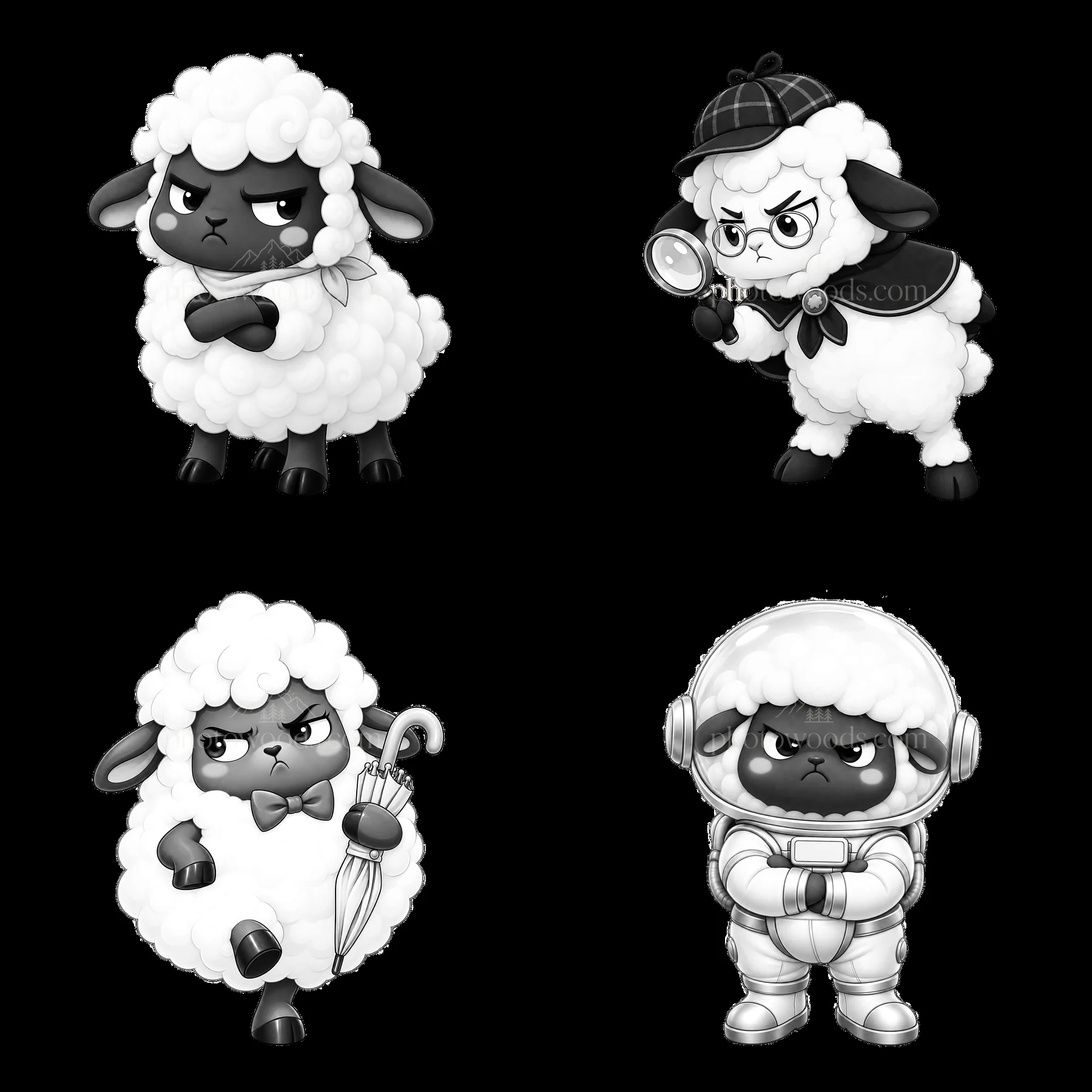 Kawaii grumpy sheep characters with unique outfits in black and white - AI-generated stock image