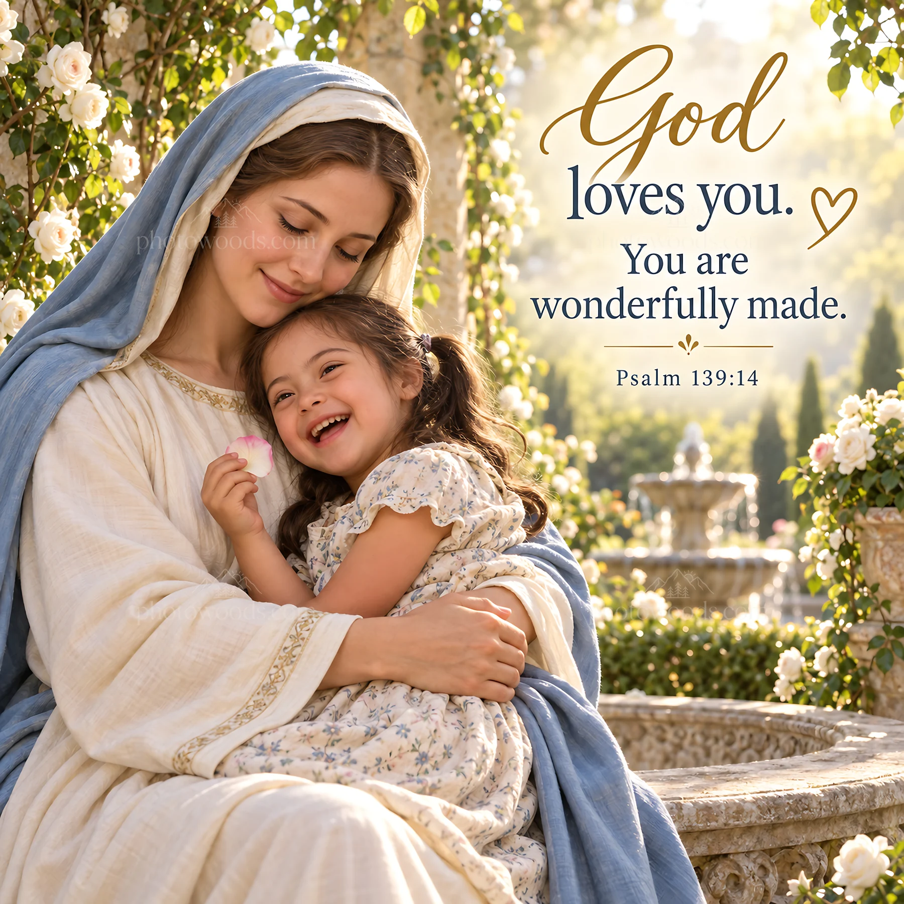 Jesus Christ comforts a child in a garden setting - AI-generated stock image