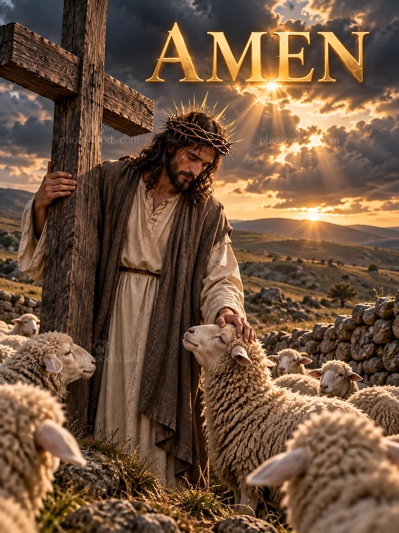 Jesus Christ cares for the sheep in a pastoral scene - AI-generated stock image