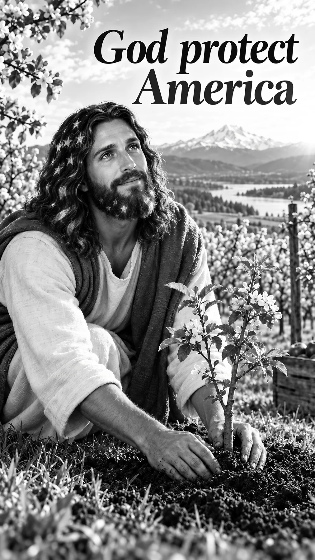 Jesus Christ planting a tree for America - AI-generated stock image