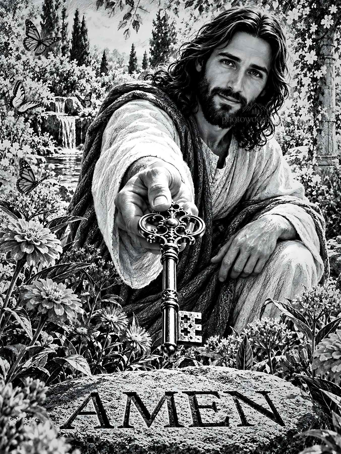 Key held by a figure in a garden with butterflies - AI-generated stock image