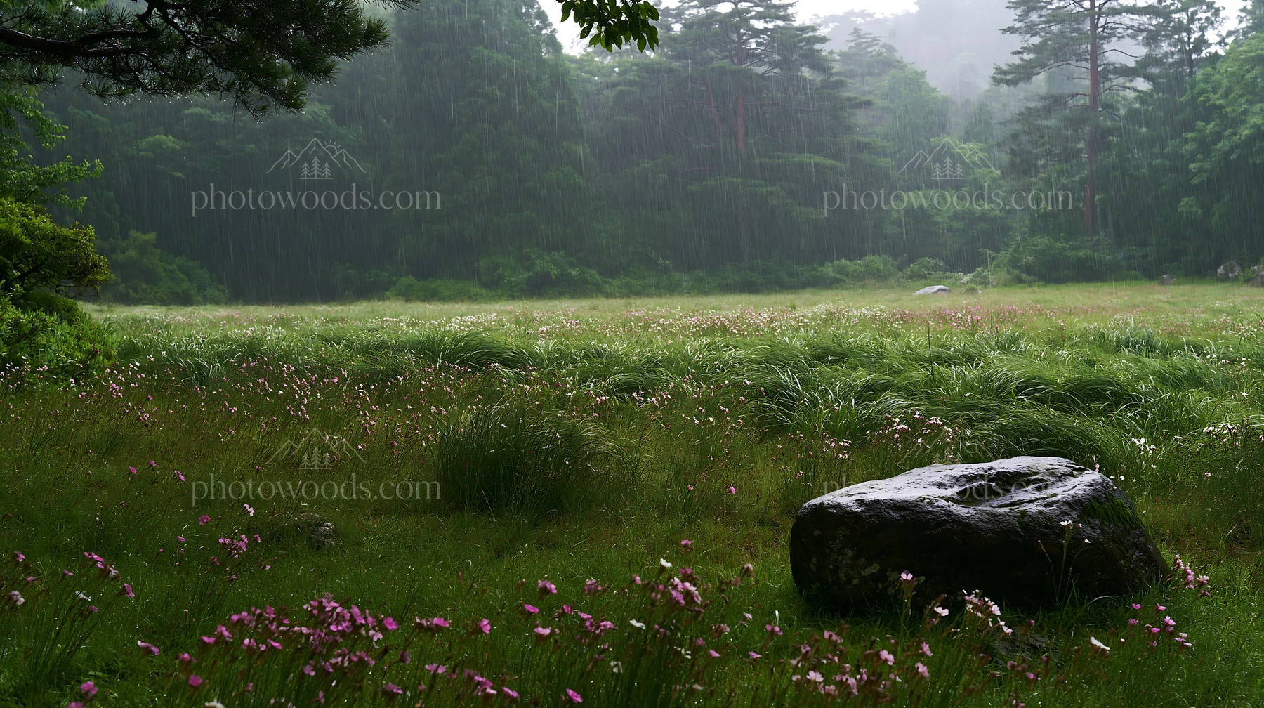 Hiroshima rainy meadow smooth rock foreground - AI-generated stock image