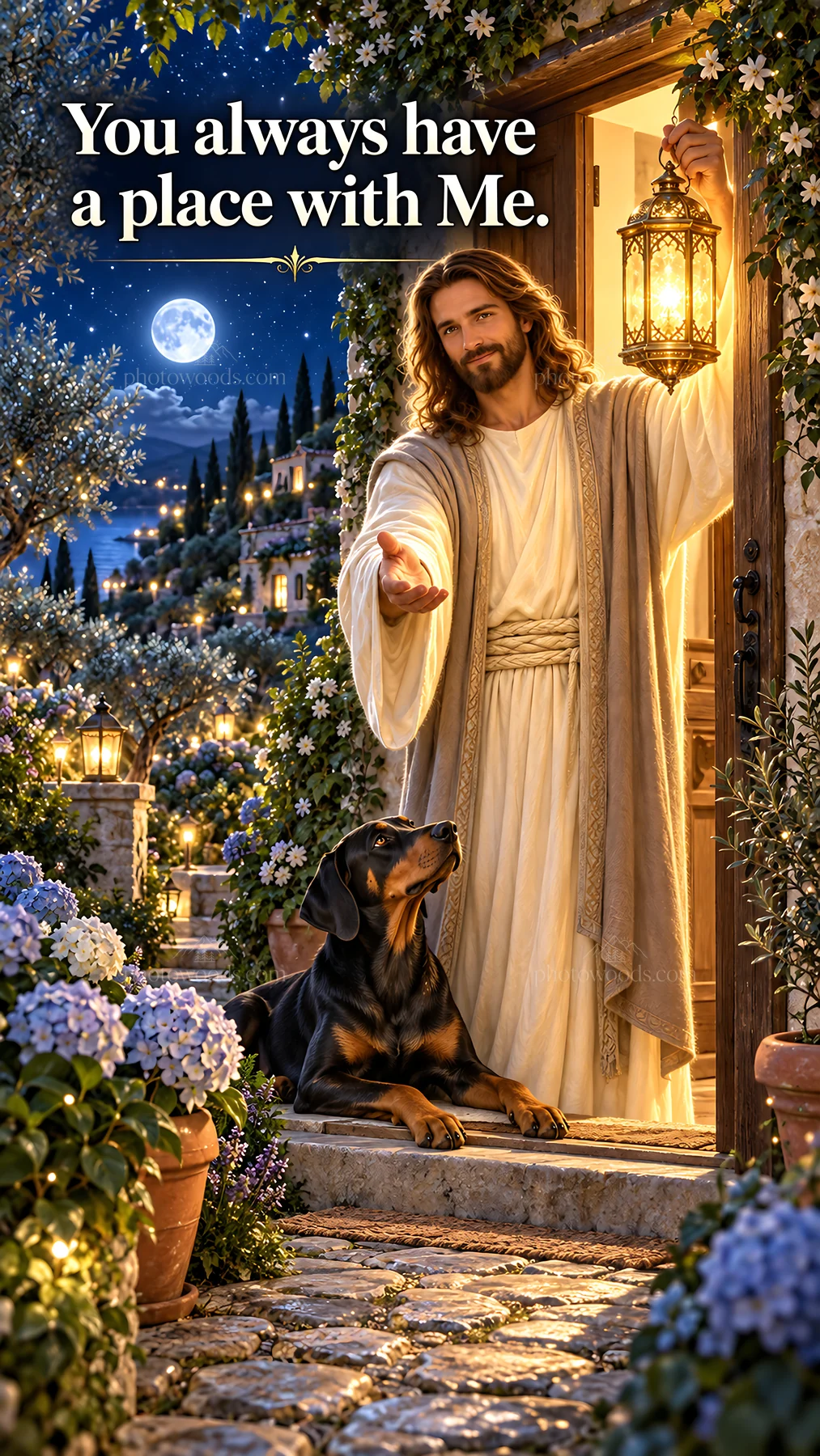 Jesus Christ welcomes viewers with a dog in a garden setting - AI-generated stock image
