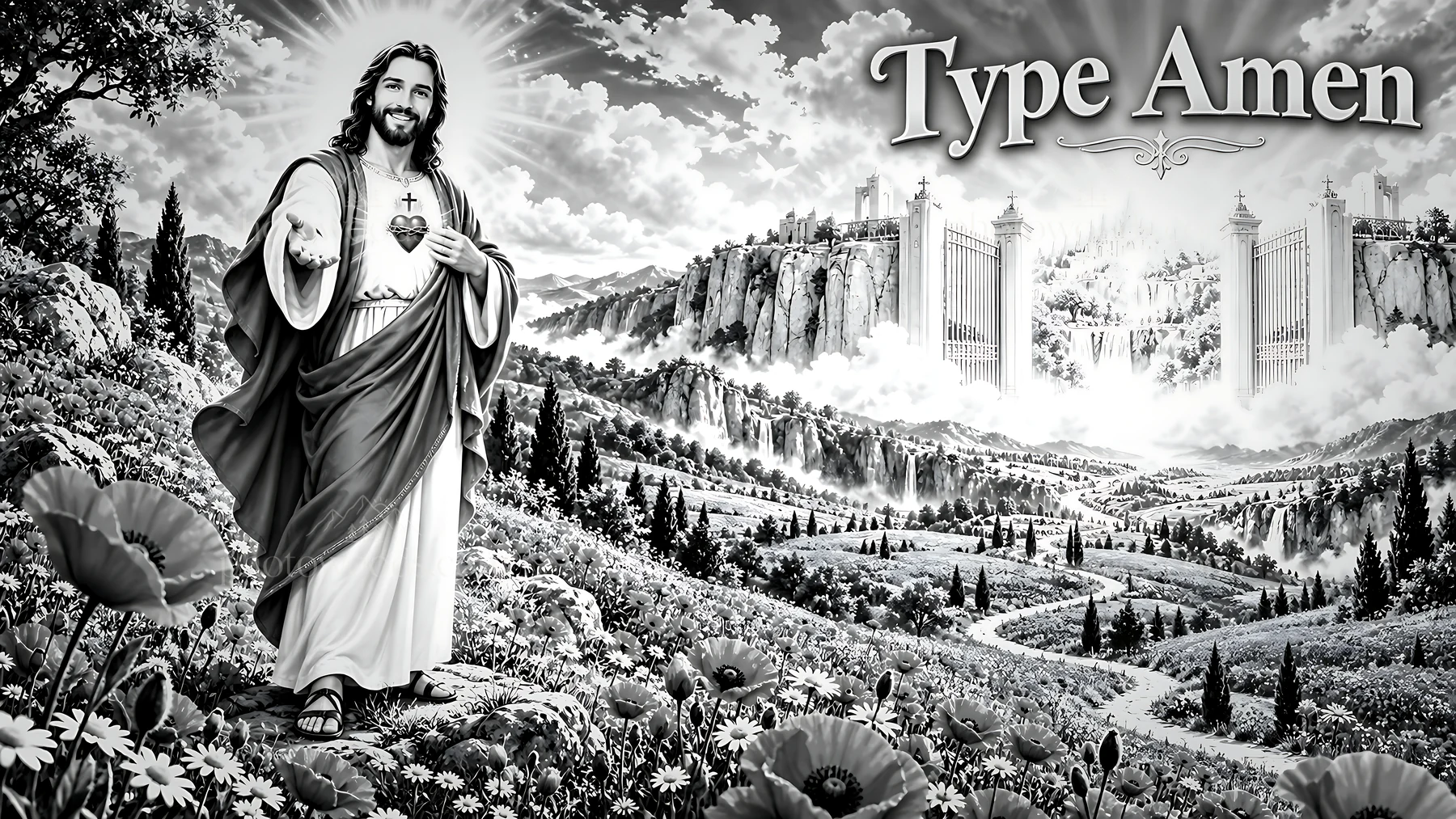 Jesus standing in a green valley with flowers and gates in background - AI-generated stock image