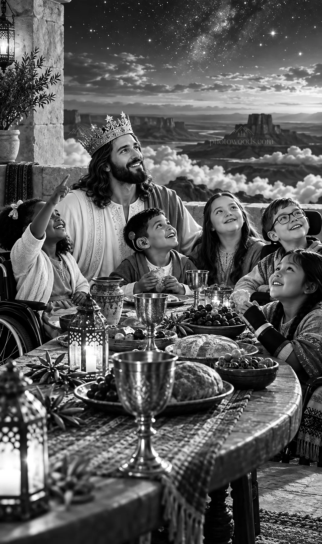 Jesus Christ sharing joy with children at a gathering - AI-generated stock image