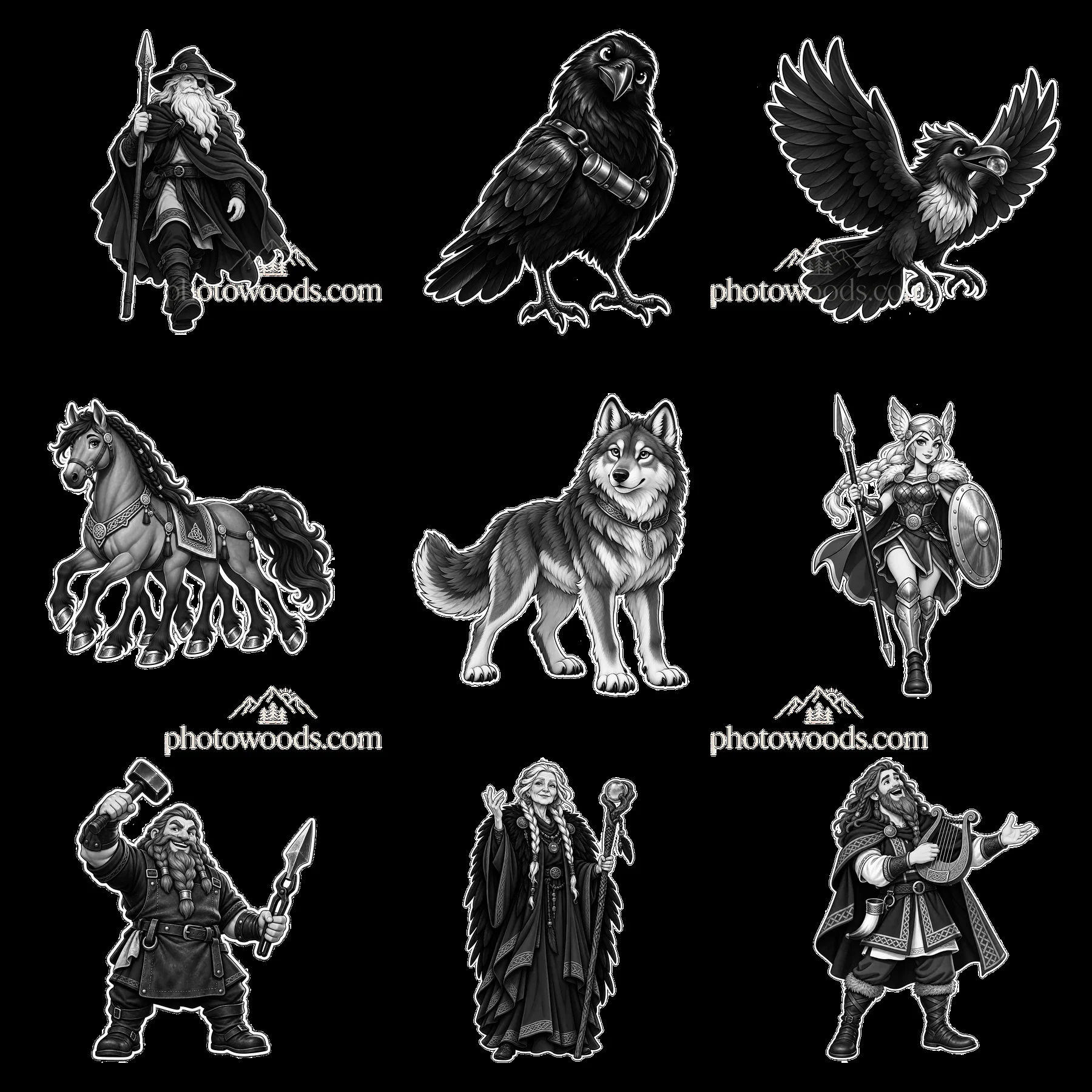 Odin surrounded by Norse symbols and figures in monochrome design - AI-generated stock image