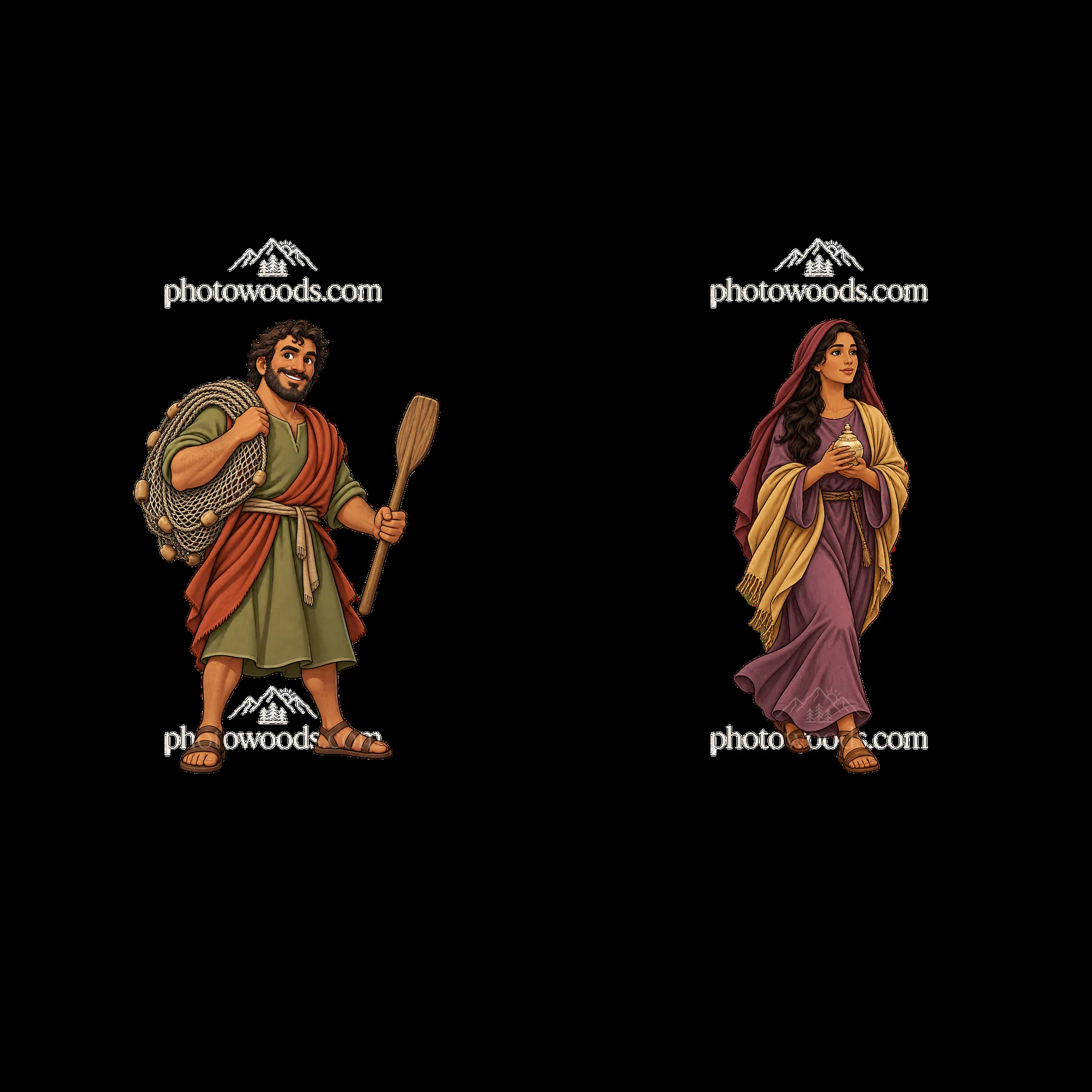 Jesus with a shepherd holding a staff and a woman in traditional dress - AI-generated stock image