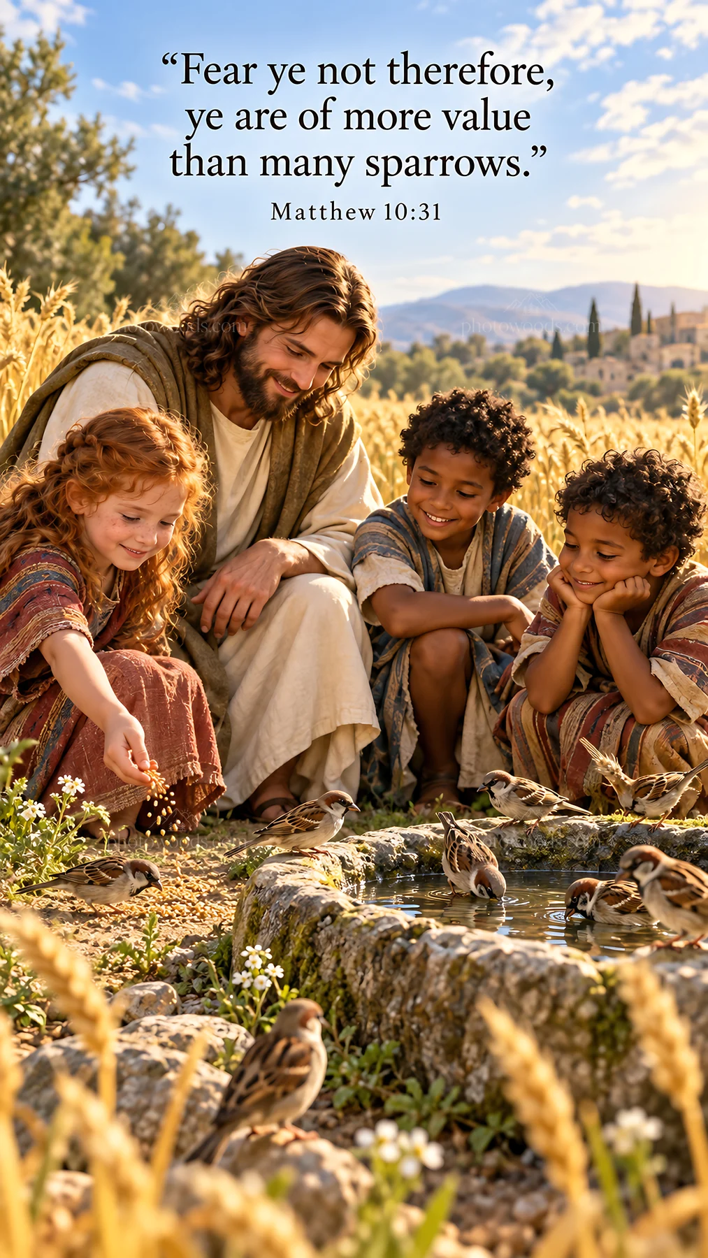 Jesus Christ interacting with children by a well - AI-generated stock image