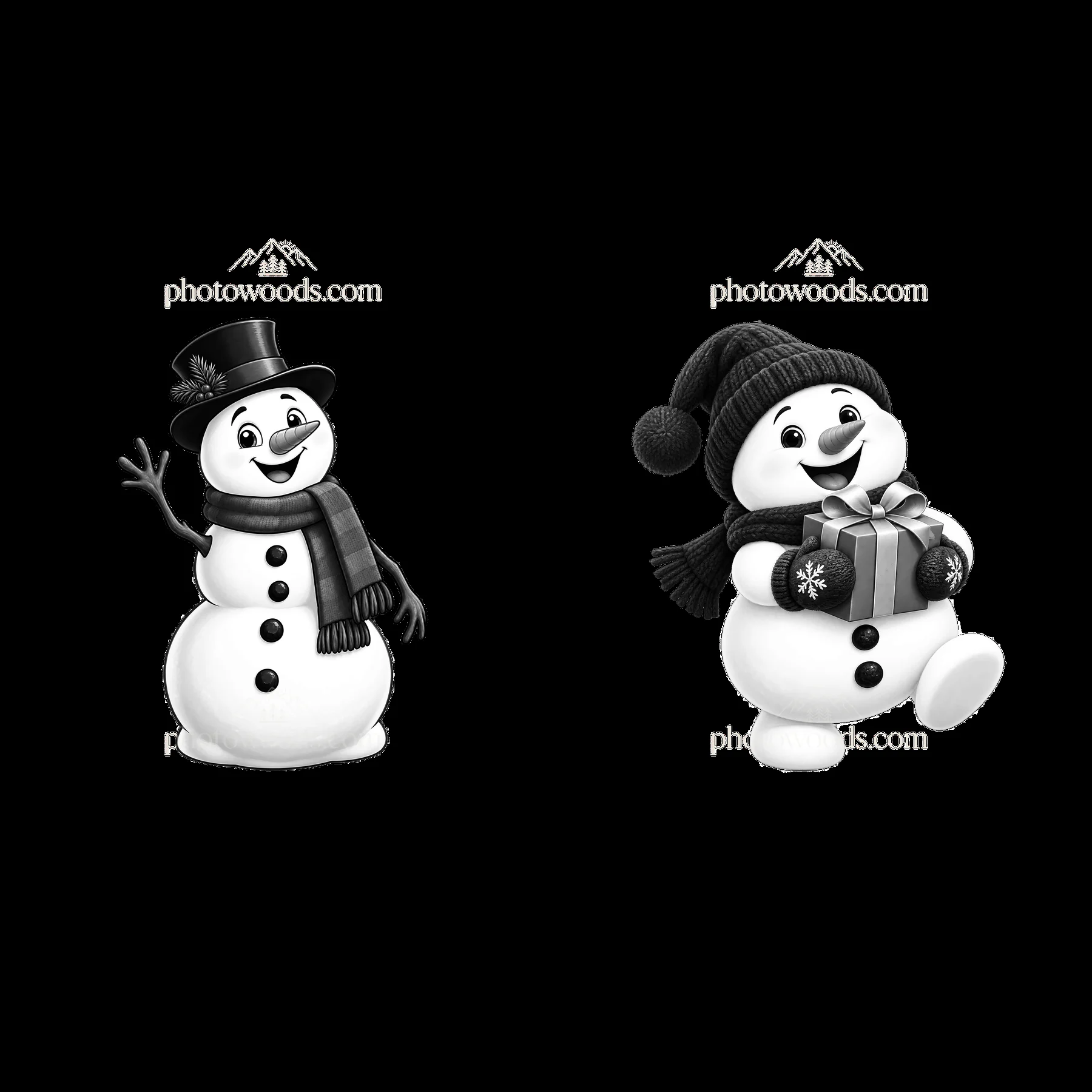 Two cartoon snowmen celebrating Christmas with gifts - AI-generated stock image