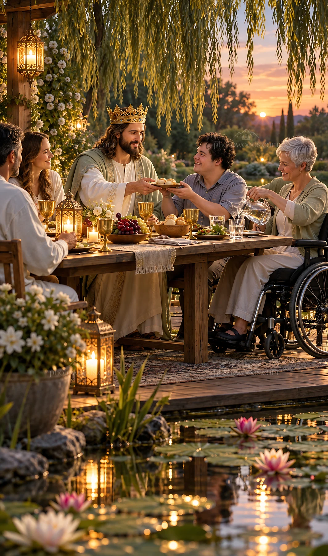Jesus Christ sharing a meal with friends in a garden setting - AI-generated stock image