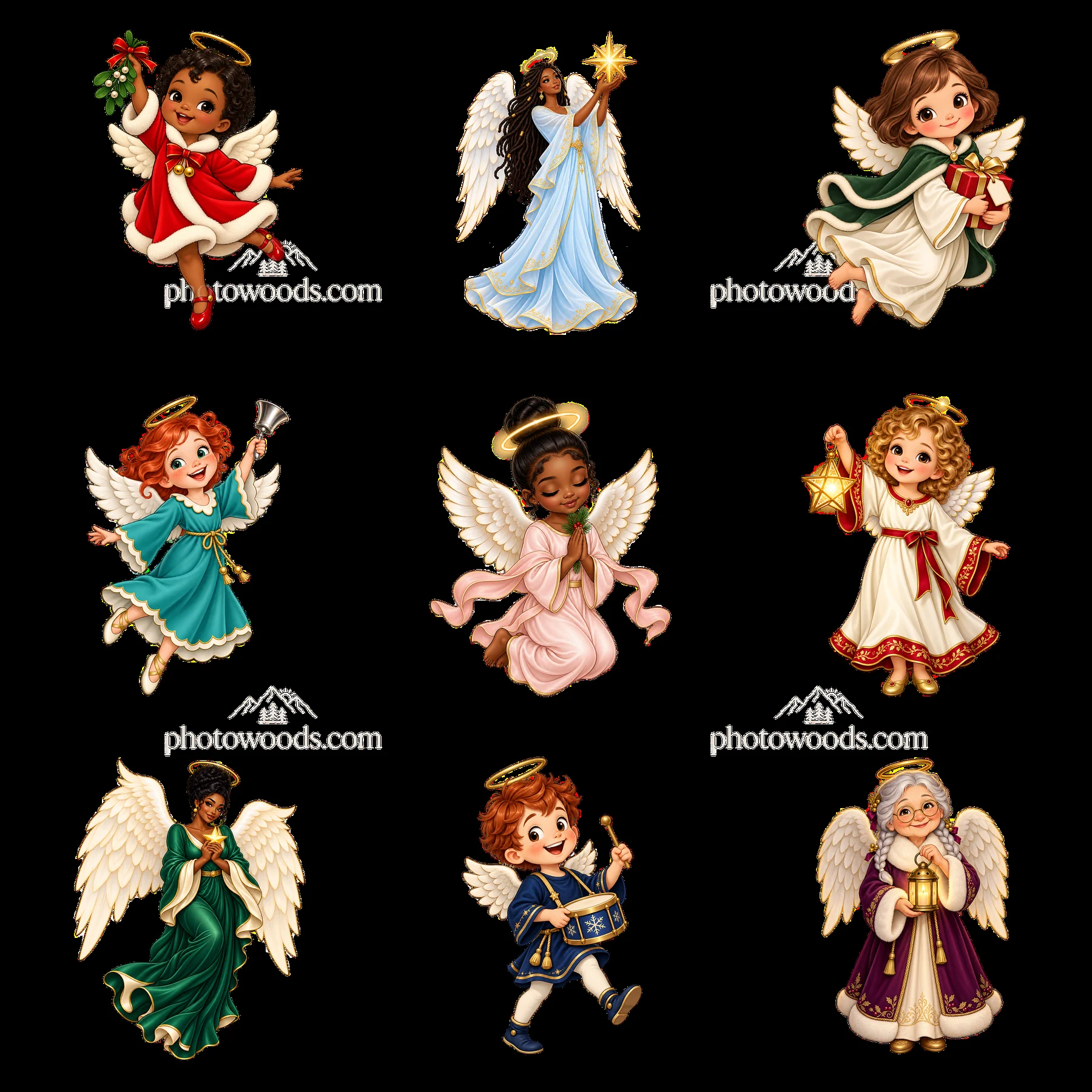 Christmas angel cartoon sticker set with girls and boys - AI-generated stock image