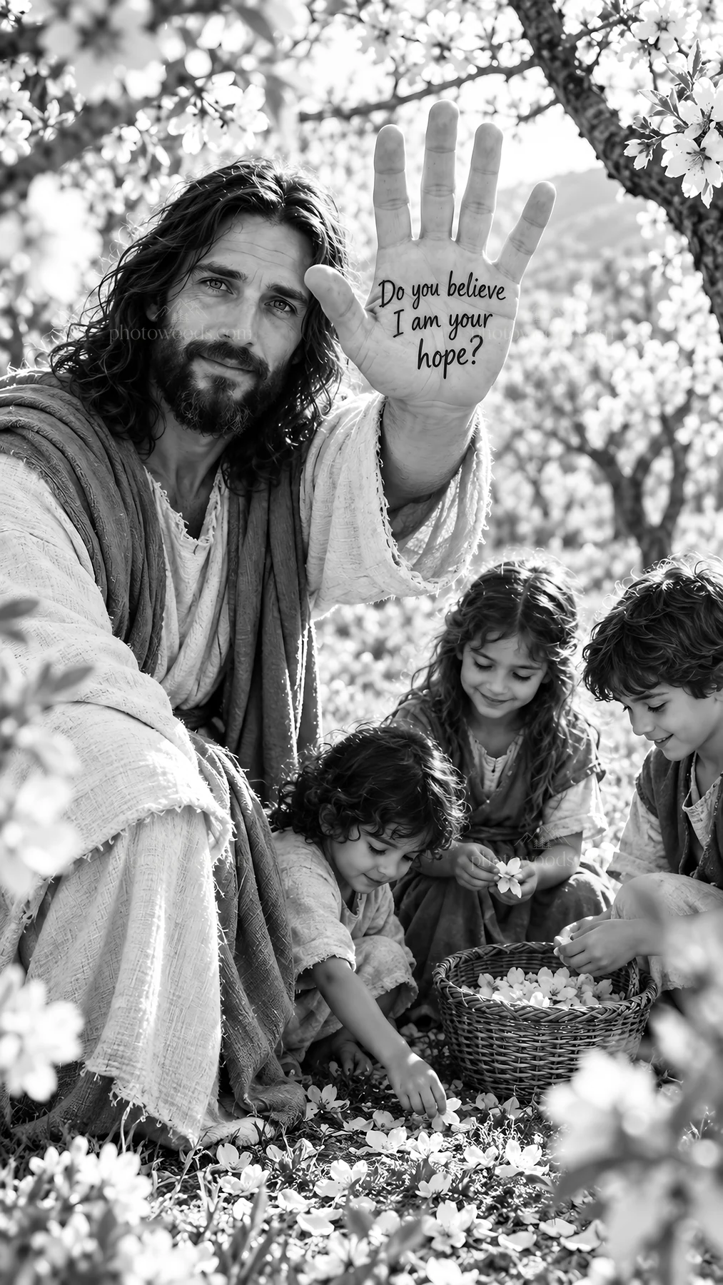 Jesus Christ offers hope to children in a spring floral setting - AI-generated stock image