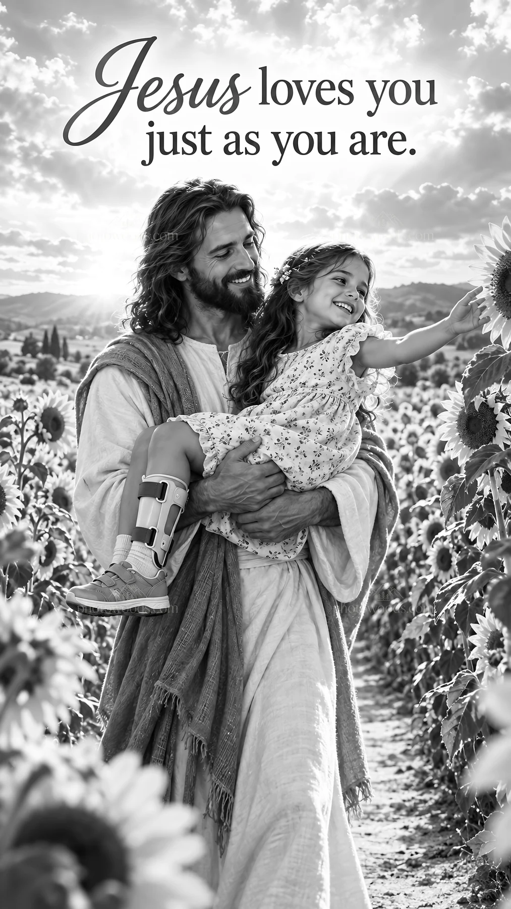 Jesus Christ with a child in a sunflower field - AI-generated stock image