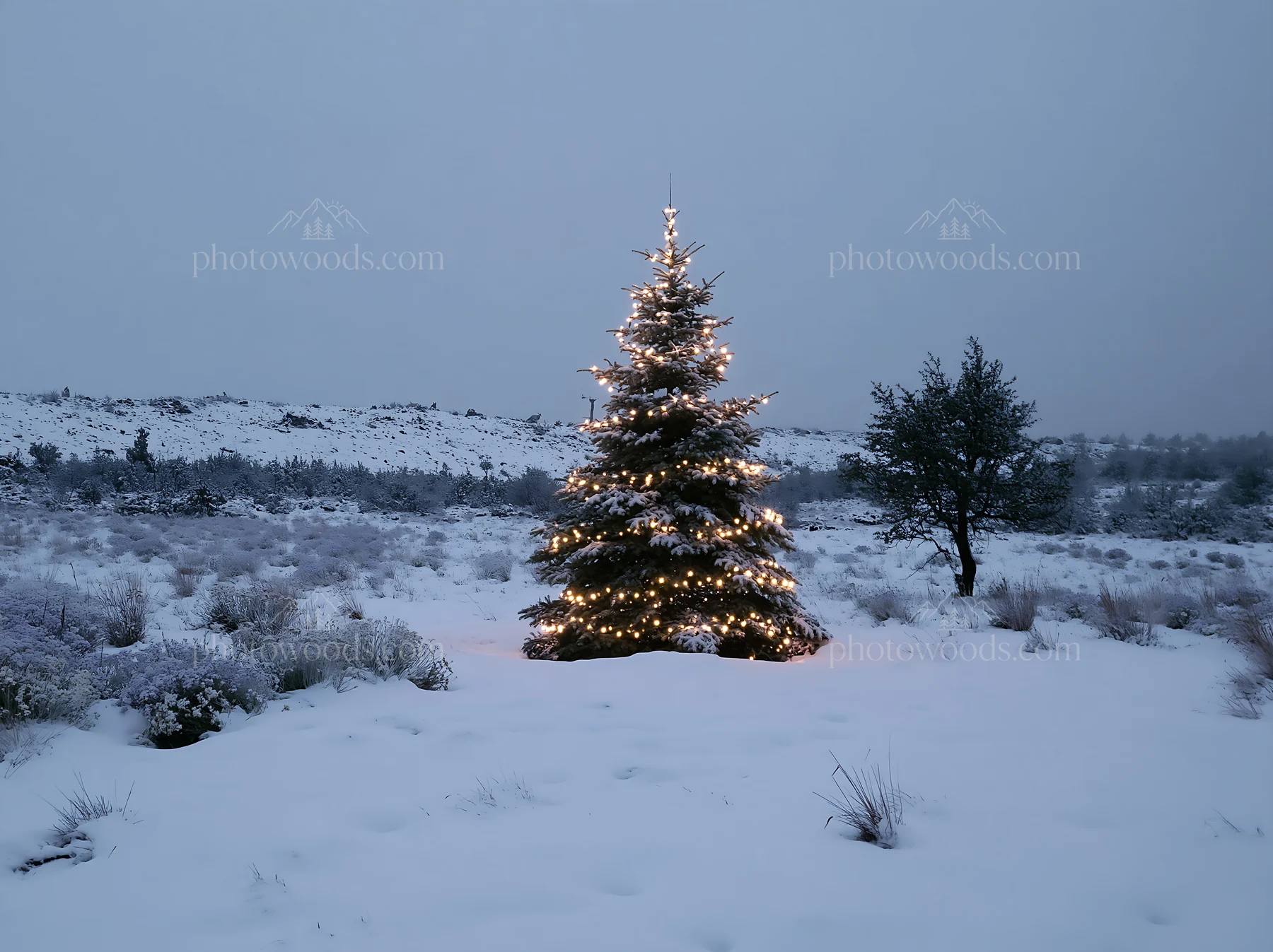 Decorated Christmas tree in snowy meadow lit by string lights - AI-generated stock image