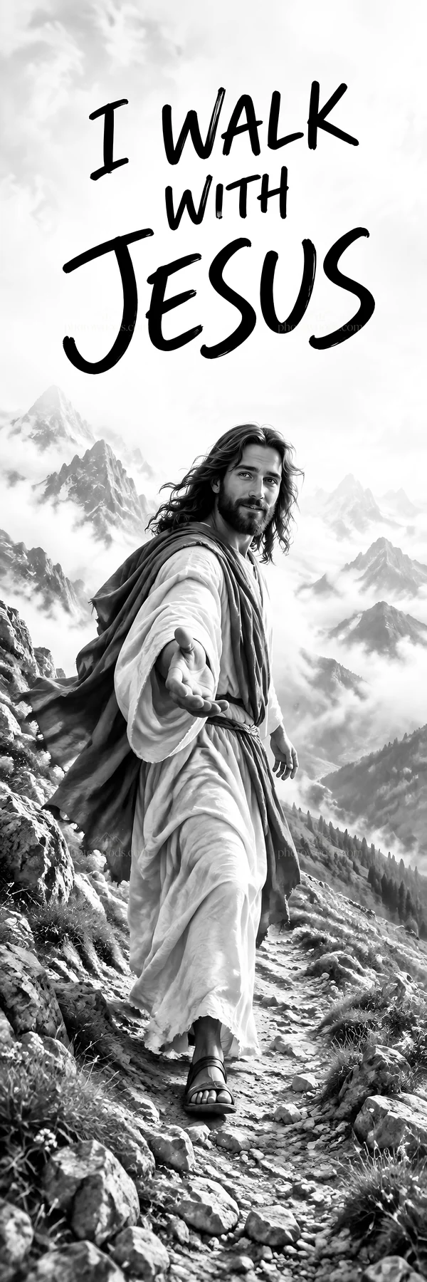 Jesus Christ inviting viewers on a mountain path - AI-generated stock image