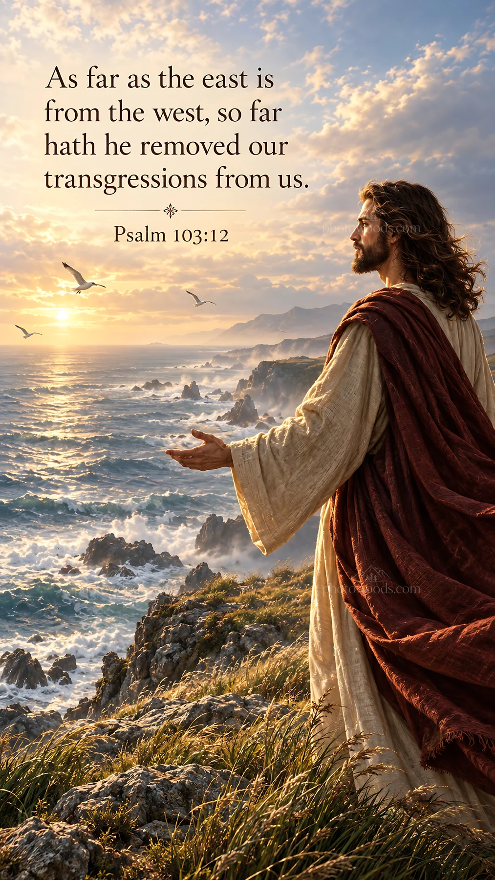 Jesus Christ welcoming the viewer by the shoreline - AI-generated stock image