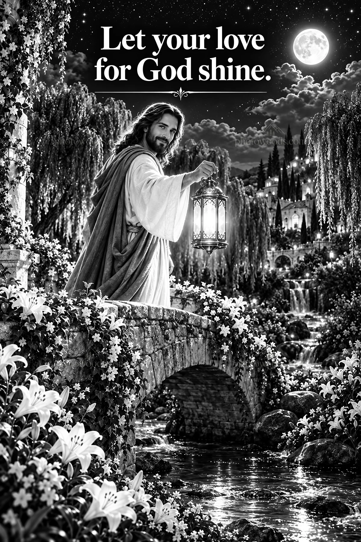 Jesus Christ walking with a lantern on a bridge at night - AI-generated stock image