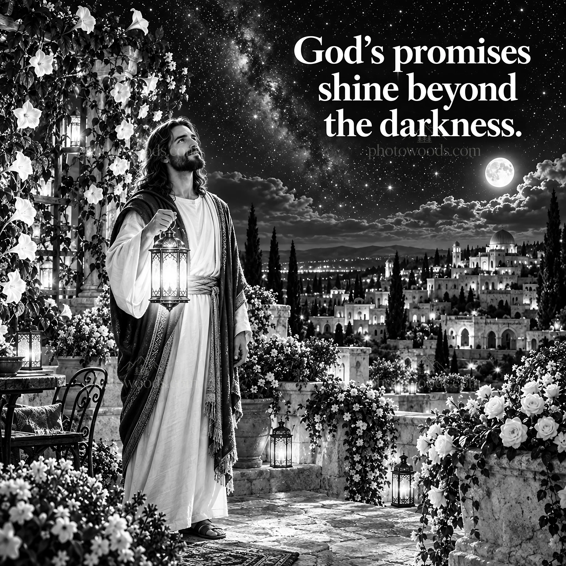 Jesus Christ walking in a garden at night with a lantern - AI-generated stock image