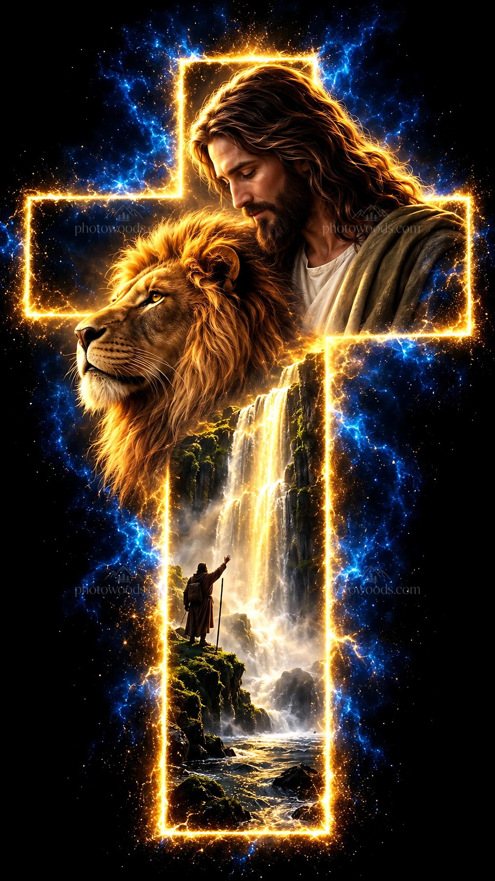 Jesus Christ with lion and waterfall scene - AI-generated stock image