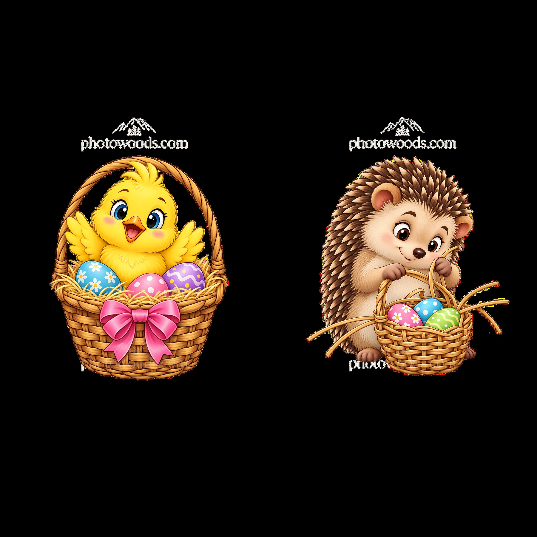 Easter basket with chick and hedgehog holding colorful eggs - AI-generated stock image