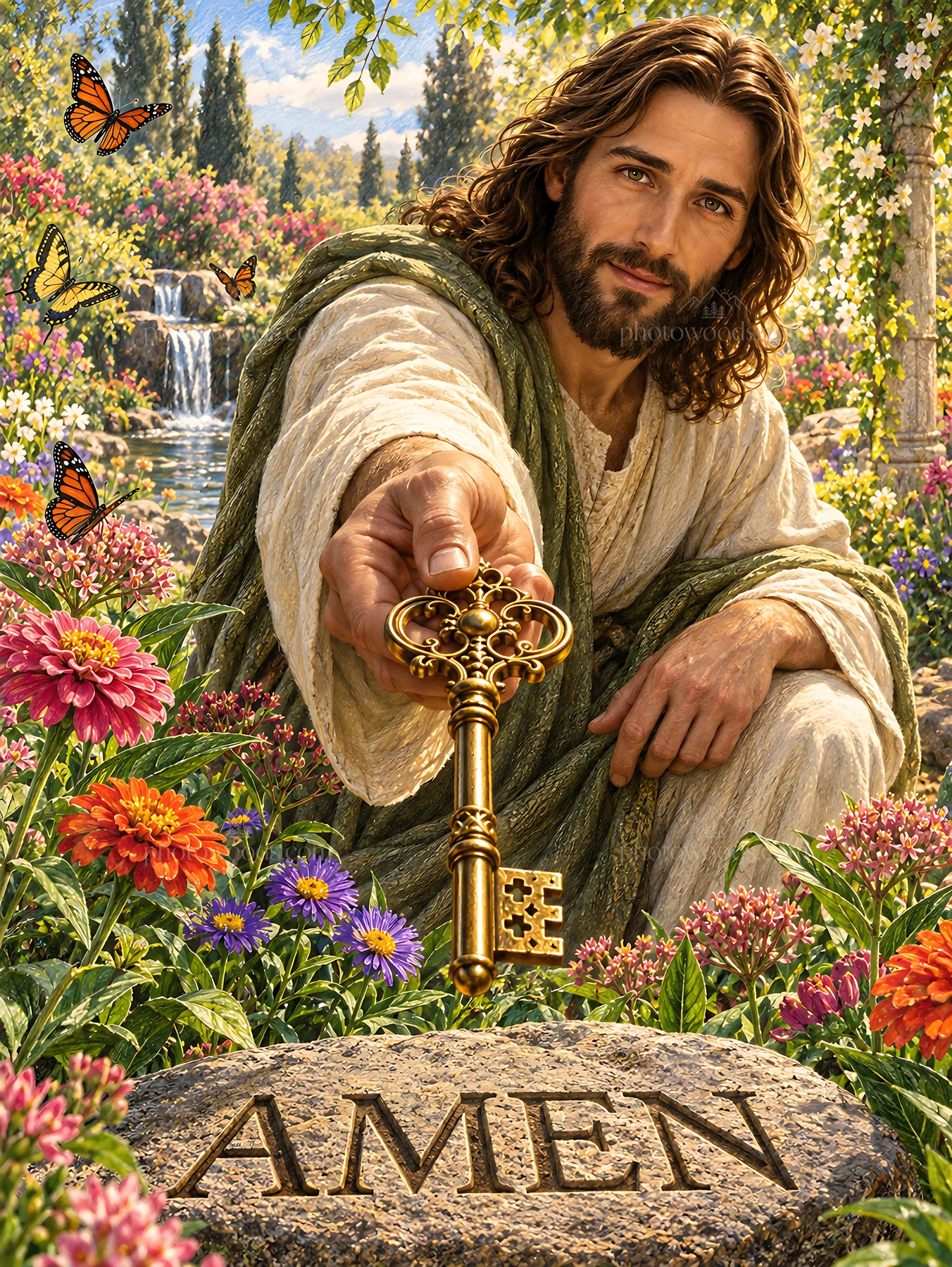 Butterflies and flowers in a garden with a figure holding a key - AI-generated stock image