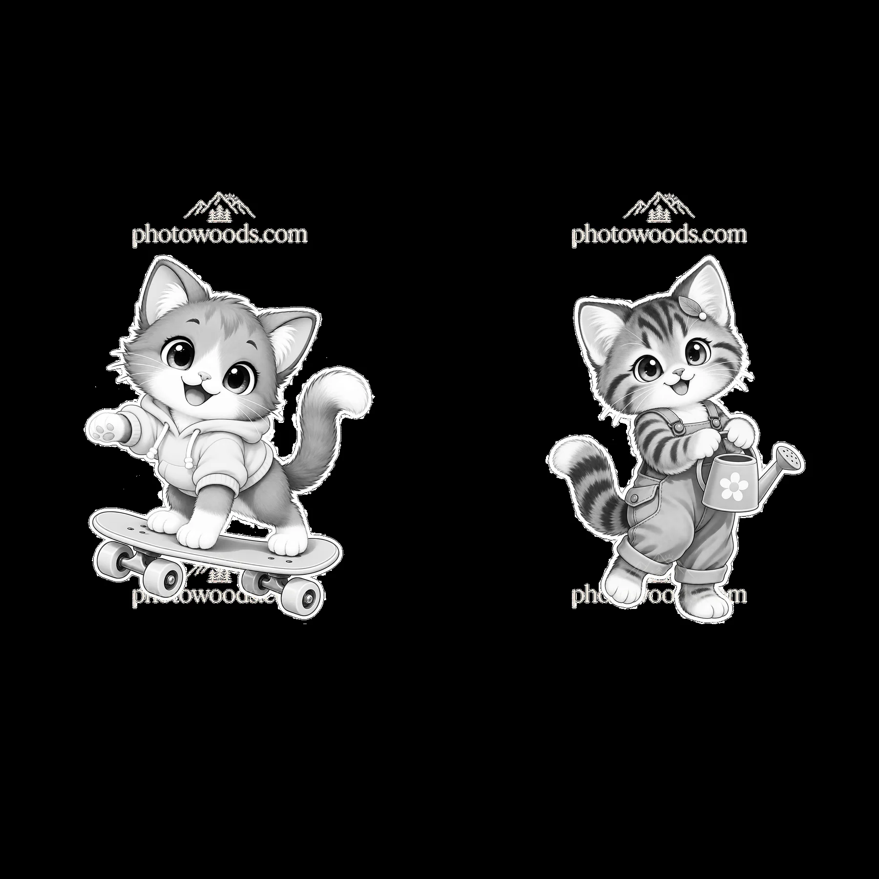 Kawaii cats skateboarding and watering flowers in black-and-white - AI-generated stock image
