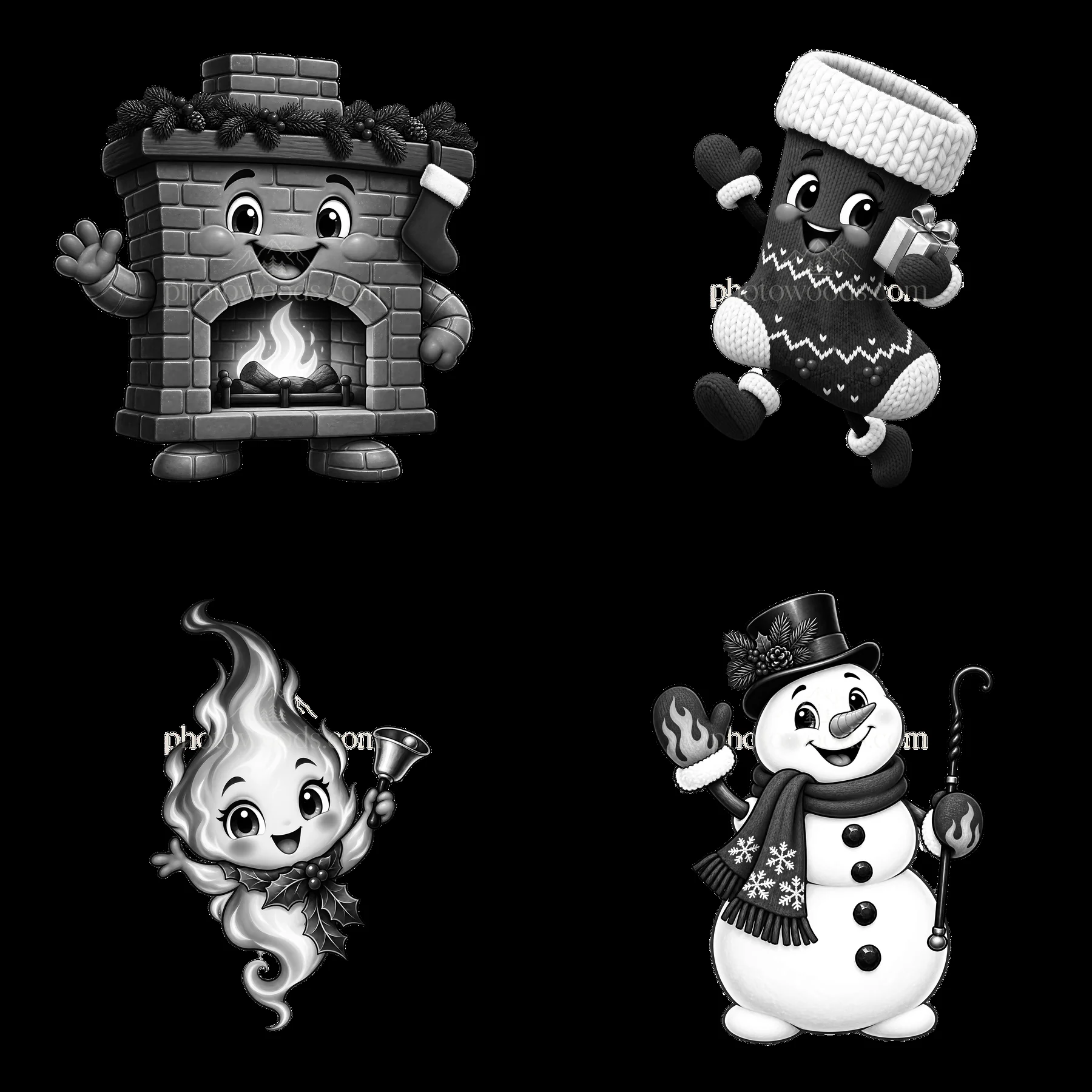 Monochrome four cartoon figure stickers in a square arrangement - AI-generated stock image