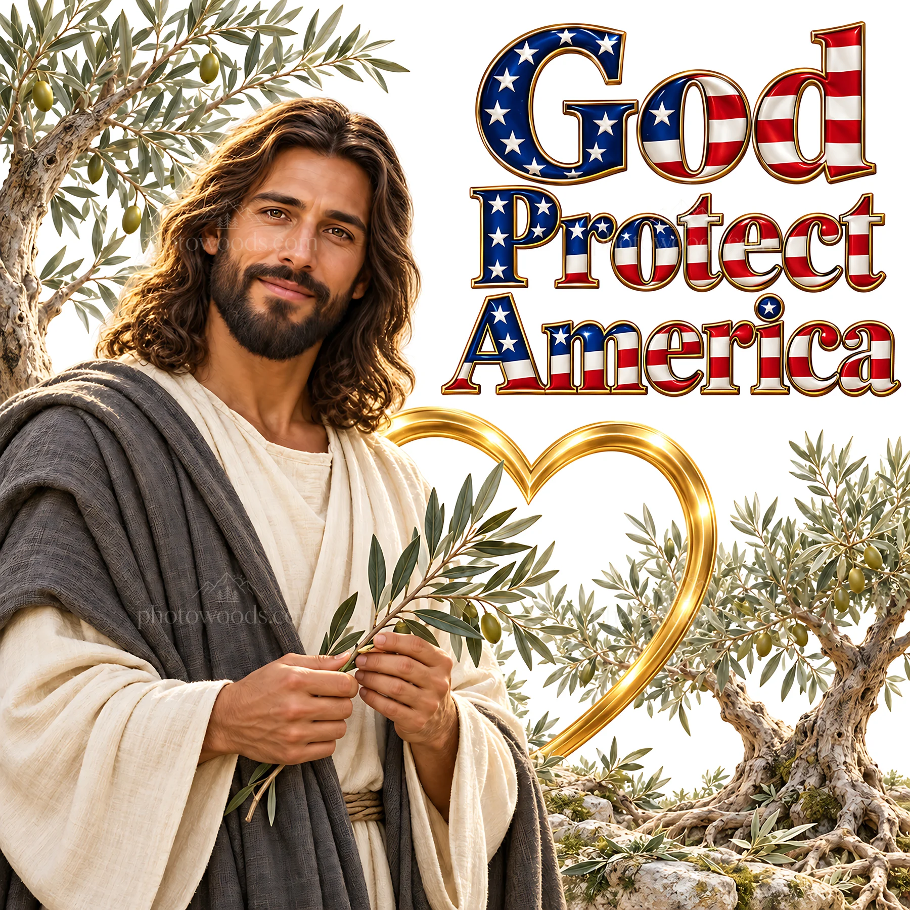 Jesus Christ holds olive branches with love for America - AI-generated stock image