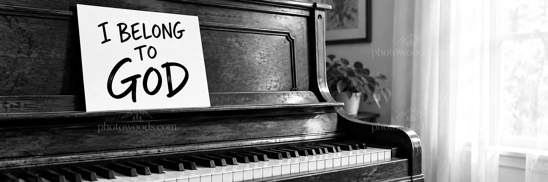 Jesus Christ welcoming the viewer at a piano with a sign - AI-generated stock image